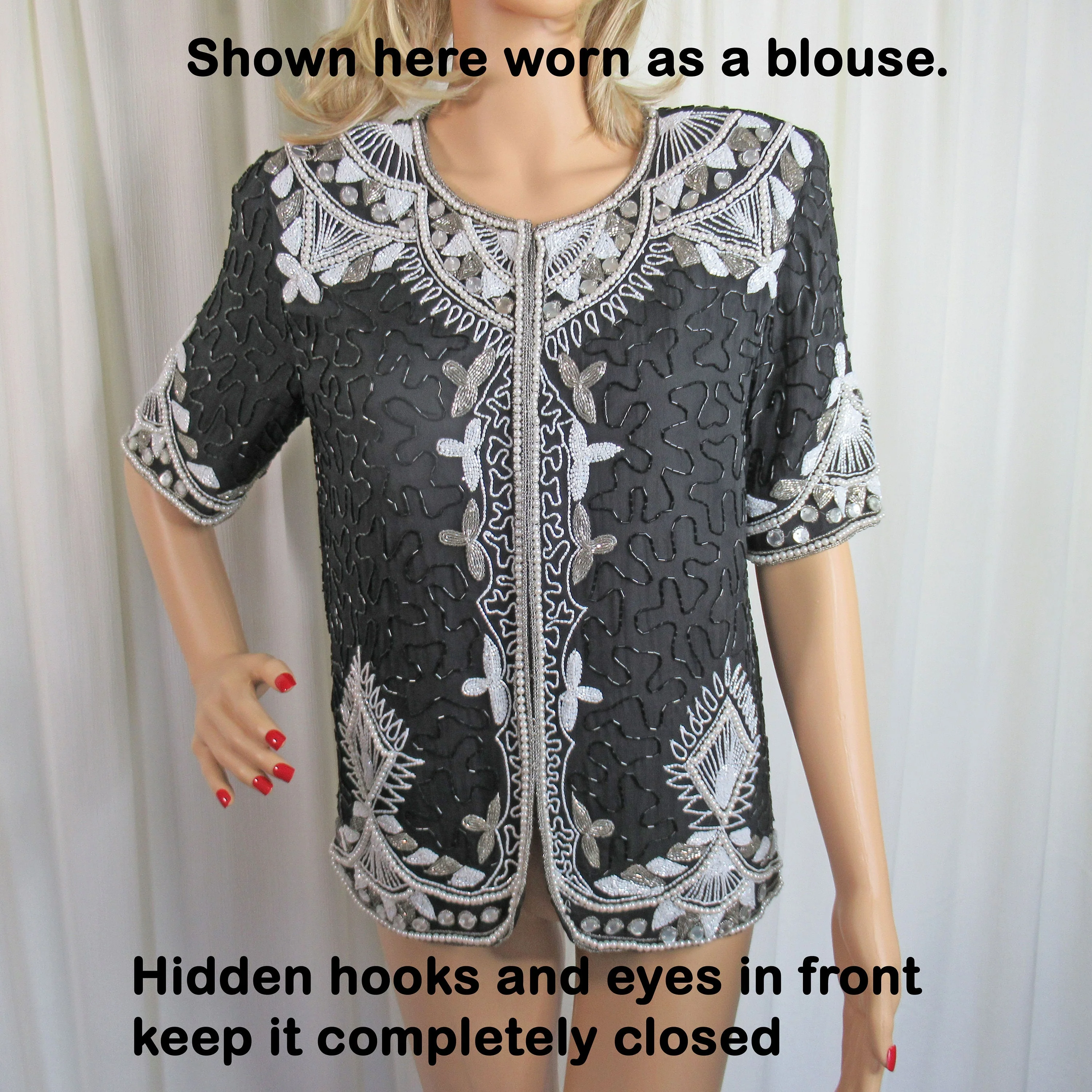 Beaded Blouse Black and White Blouse Blazer 80s Glam Made In India Silk Polyester Lining Sm Front Hooks and Eyes by Stenay - Image 7