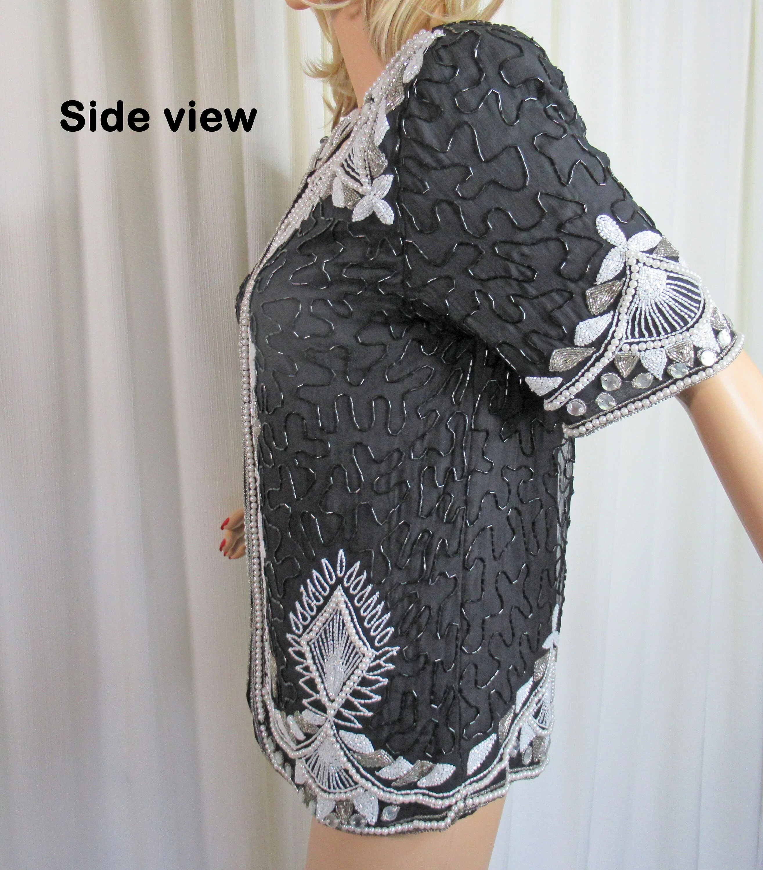 Beaded Blouse Black and White Blouse Blazer 80s Glam Made In India Silk Polyester Lining Sm Front Hooks and Eyes by Stenay - Image 8