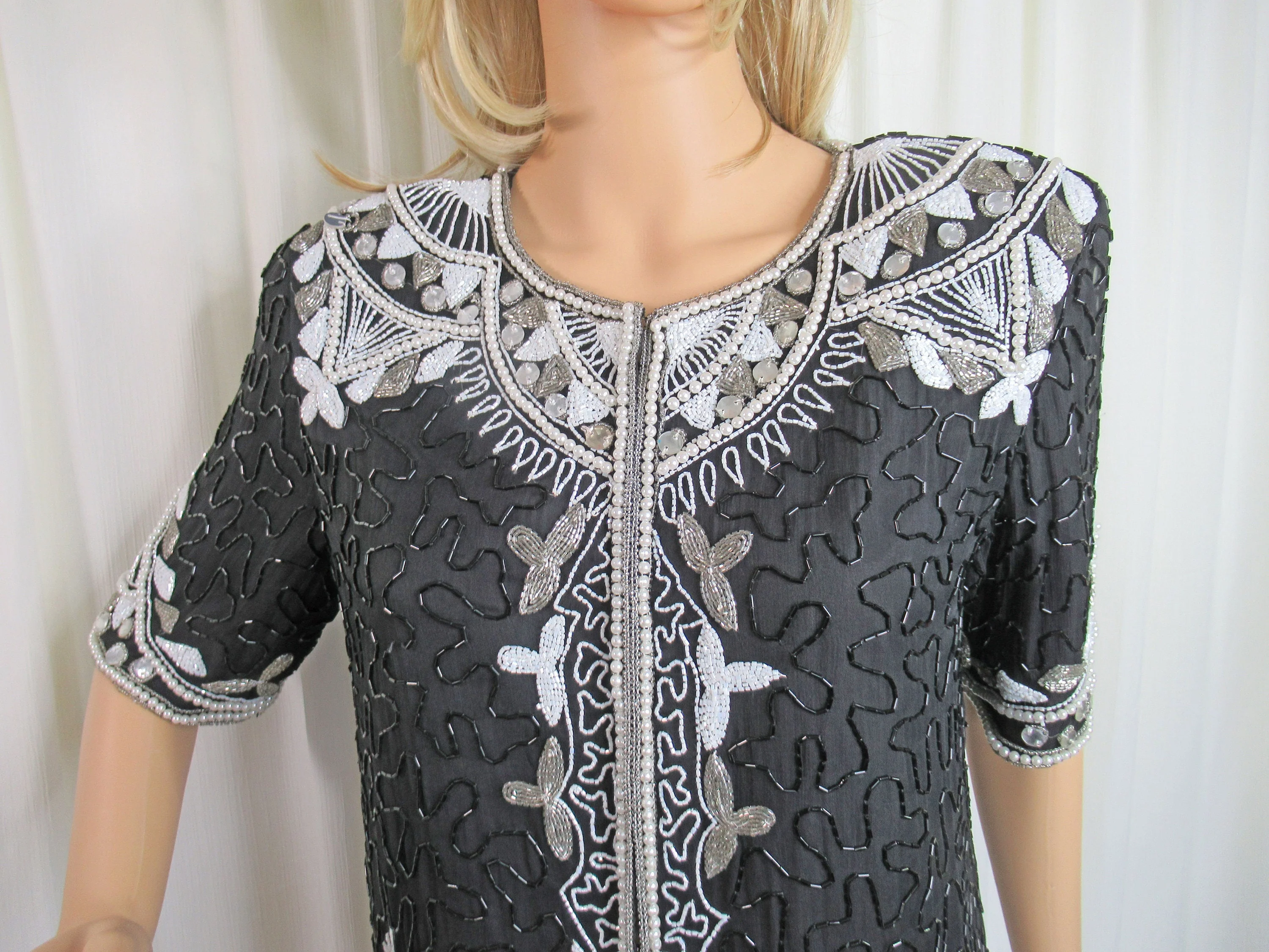 Beaded Blouse Black and White Blouse Blazer 80s Glam Made In India Silk Polyester Lining Sm Front Hooks and Eyes by Stenay - Image 9