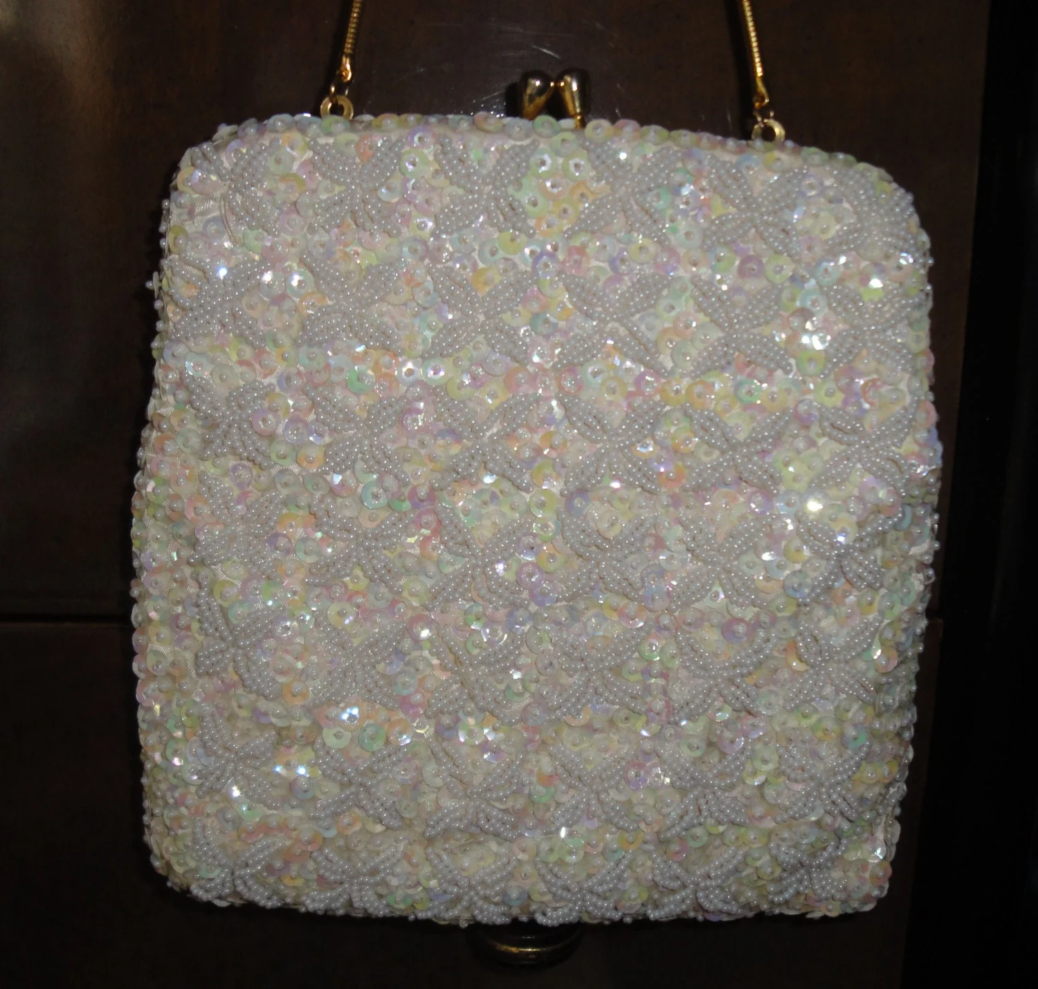 Beaded Evening Bag 60s 7 by 7 Inch Size 13 Inch Gold Chain Handle Made In Hong Kong, White, Top Kiss Style Clasp, Vtf Chic by Richere - Image 10
