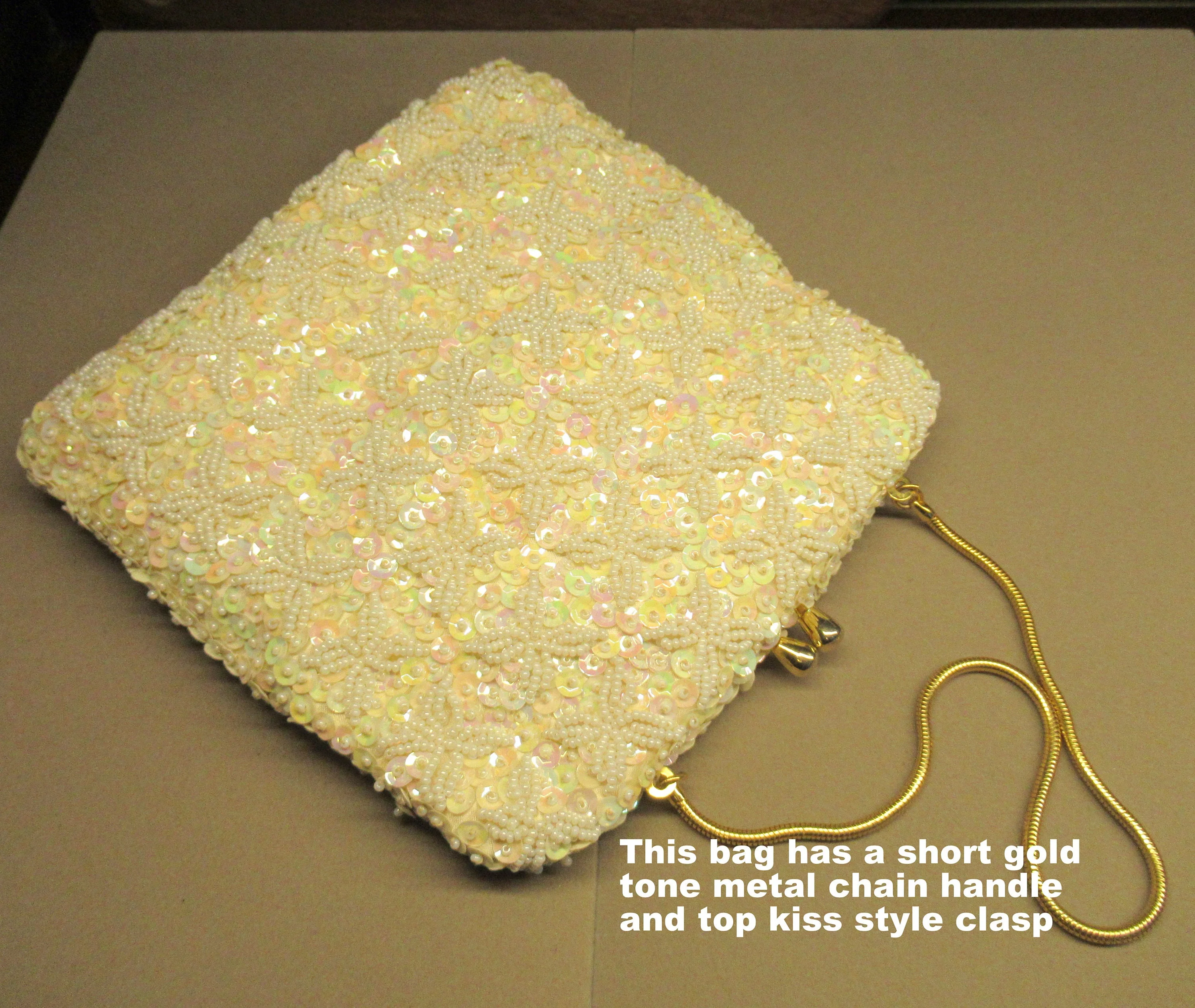 Beaded Evening Bag 60s 7 by 7 Inch Size 13 Inch Gold Chain Handle Made In Hong Kong, White, Top Kiss Style Clasp, Vtf Chic by Richere - Image 3