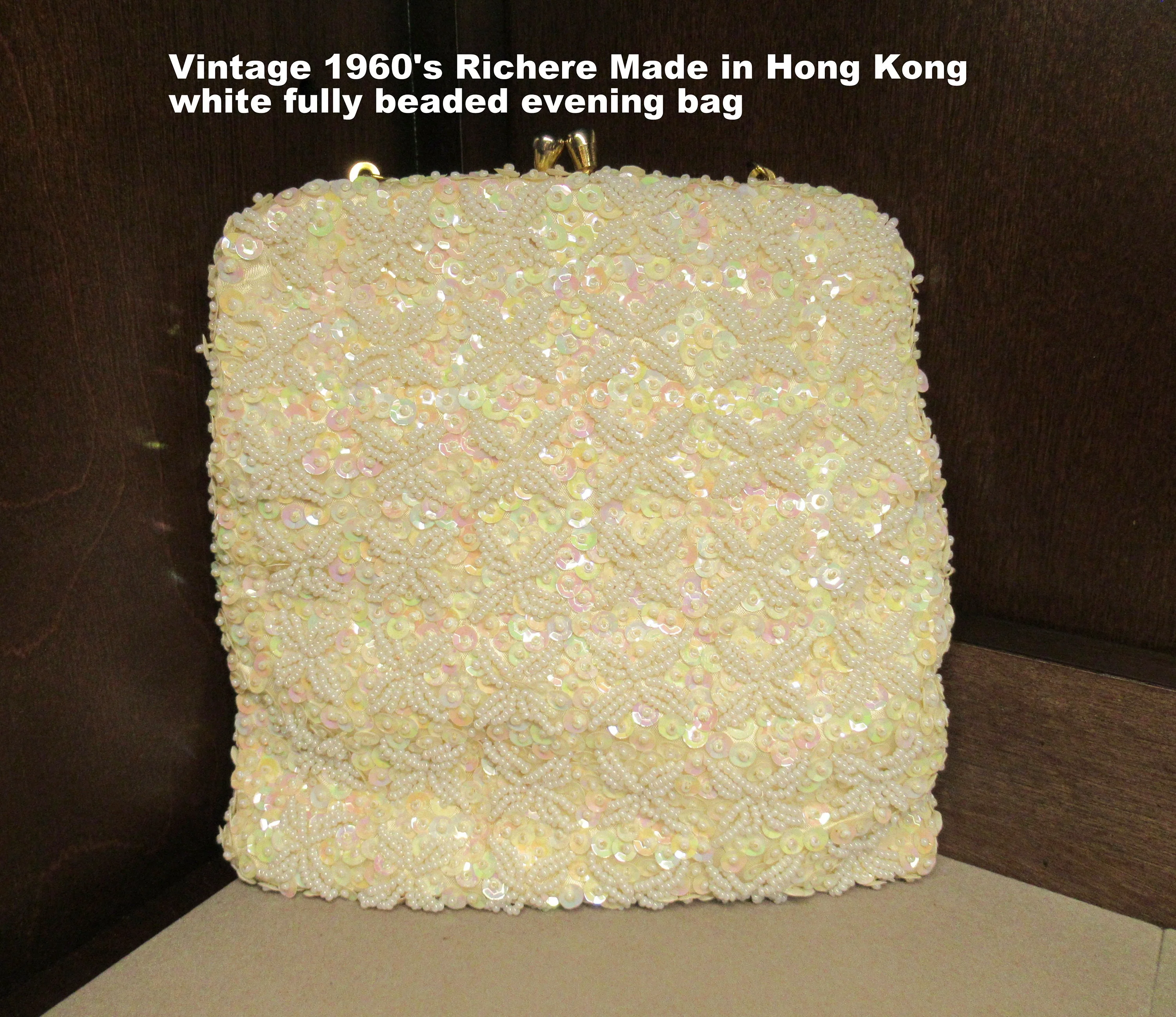 Beaded Evening Bag 60s 7 by 7 Inch Size 13 Inch Gold Chain Handle Made In Hong Kong, White, Top Kiss Style Clasp, Vtf Chic by Richere - Image 9