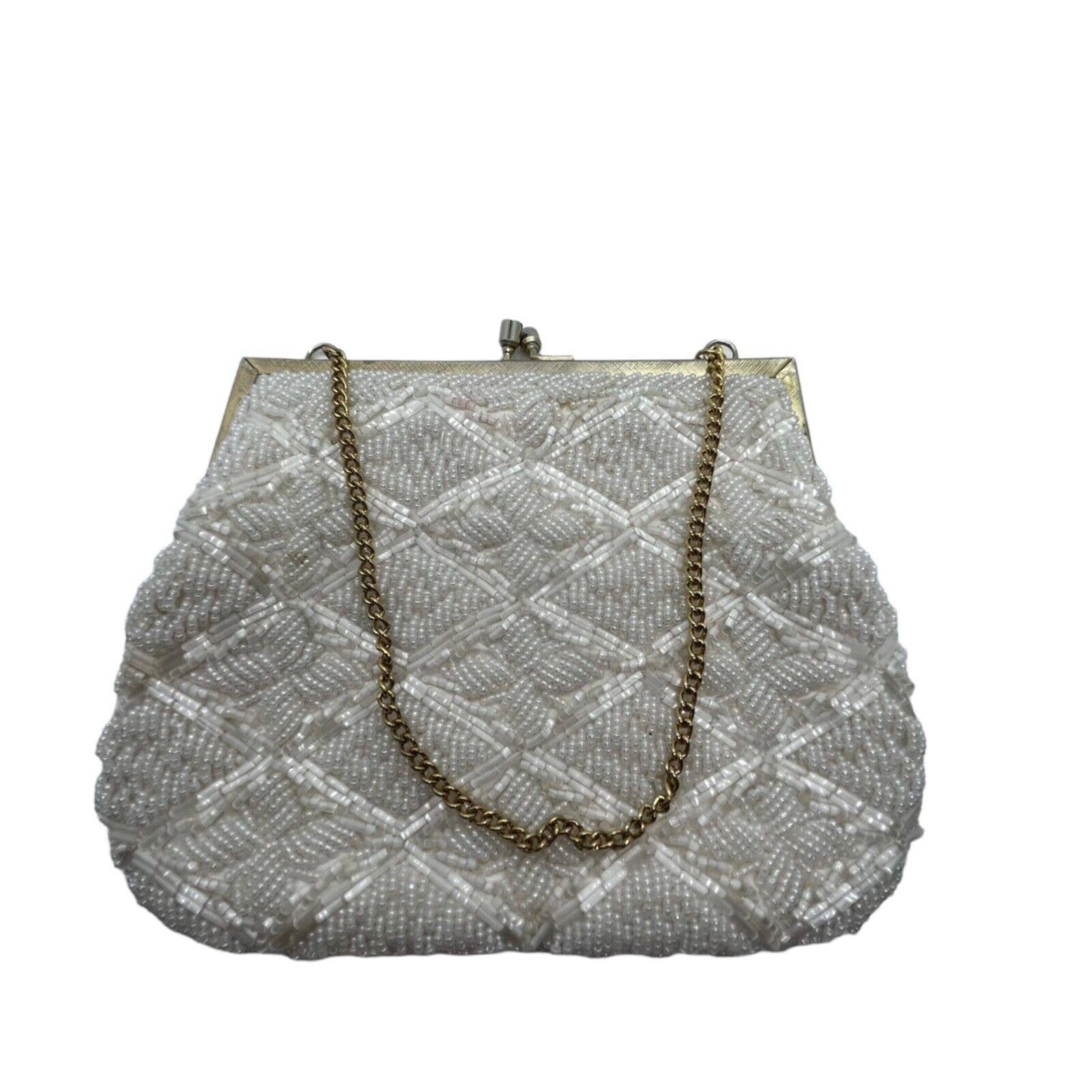 Beaded Evening Bag Glam White Gold Handmade 50s Clutch Wristlet by La Regale - Image 2