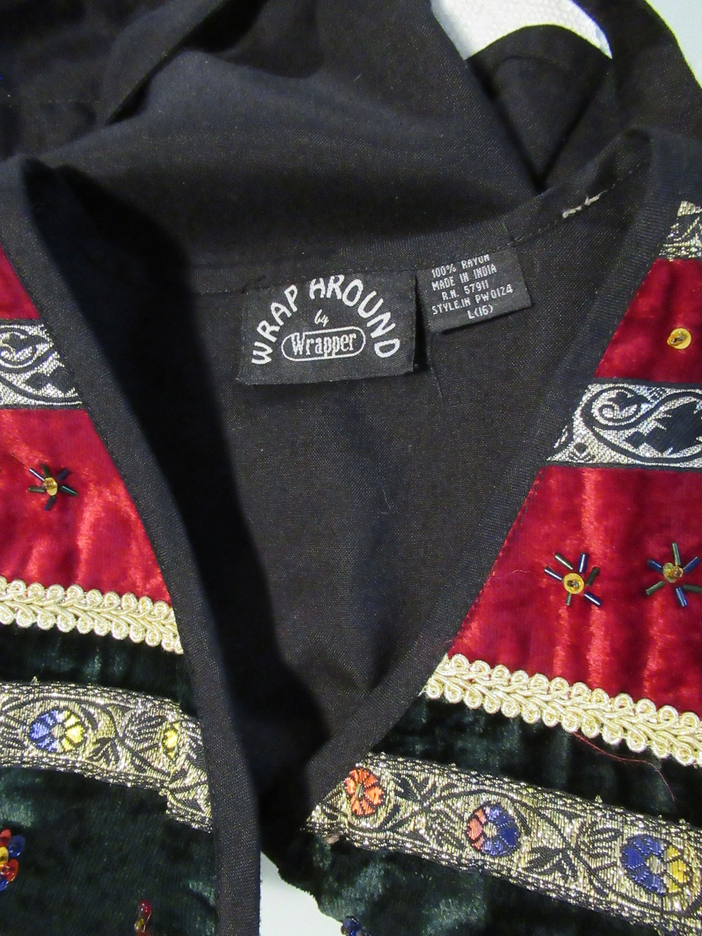 Beaded Fantasy Open Front Vest Made In India, Wrap Around by Wrapper, Back Ties, Black, Gold, Burgundy, Deep Green, Rayon, Fully Lined, Vtg - Image 9