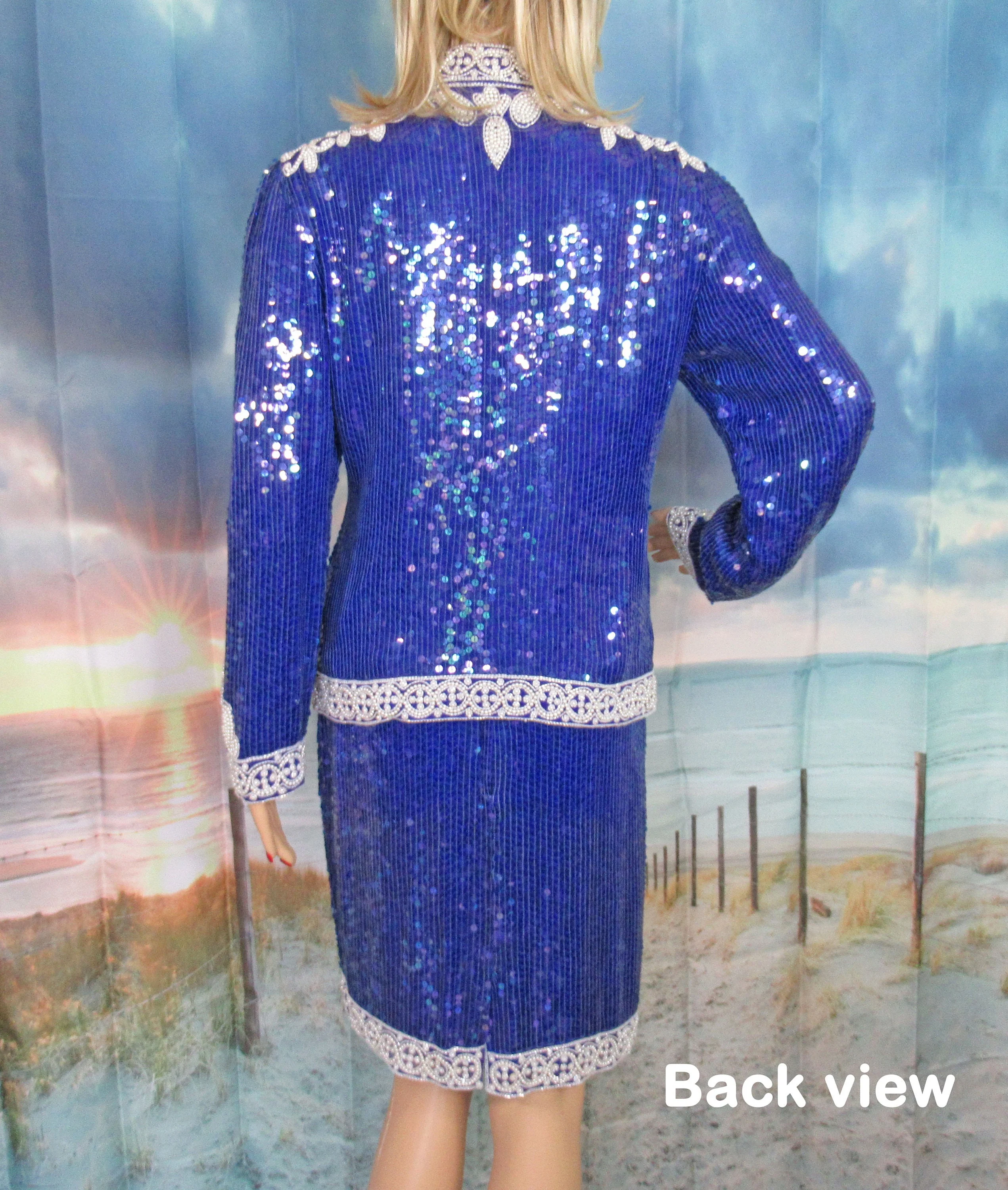 Beaded Sz S Silk Set 35 Inch Bust Modi Party Suit, Cobalt Blue / White, Made In India, Rayon Lining, Sequins, Bugle Bead and Faux Pearls - Image 10