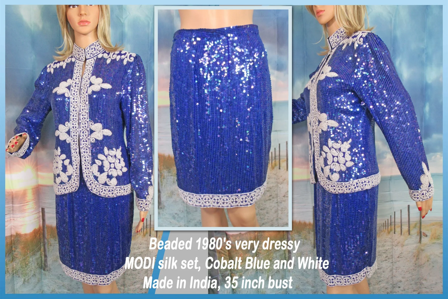 Beaded Sz S Silk Set 35 Inch Bust Modi Party Suit, Cobalt Blue / White, Made In India, Rayon Lining, Sequins, Bugle Bead and Faux Pearls - Image 3