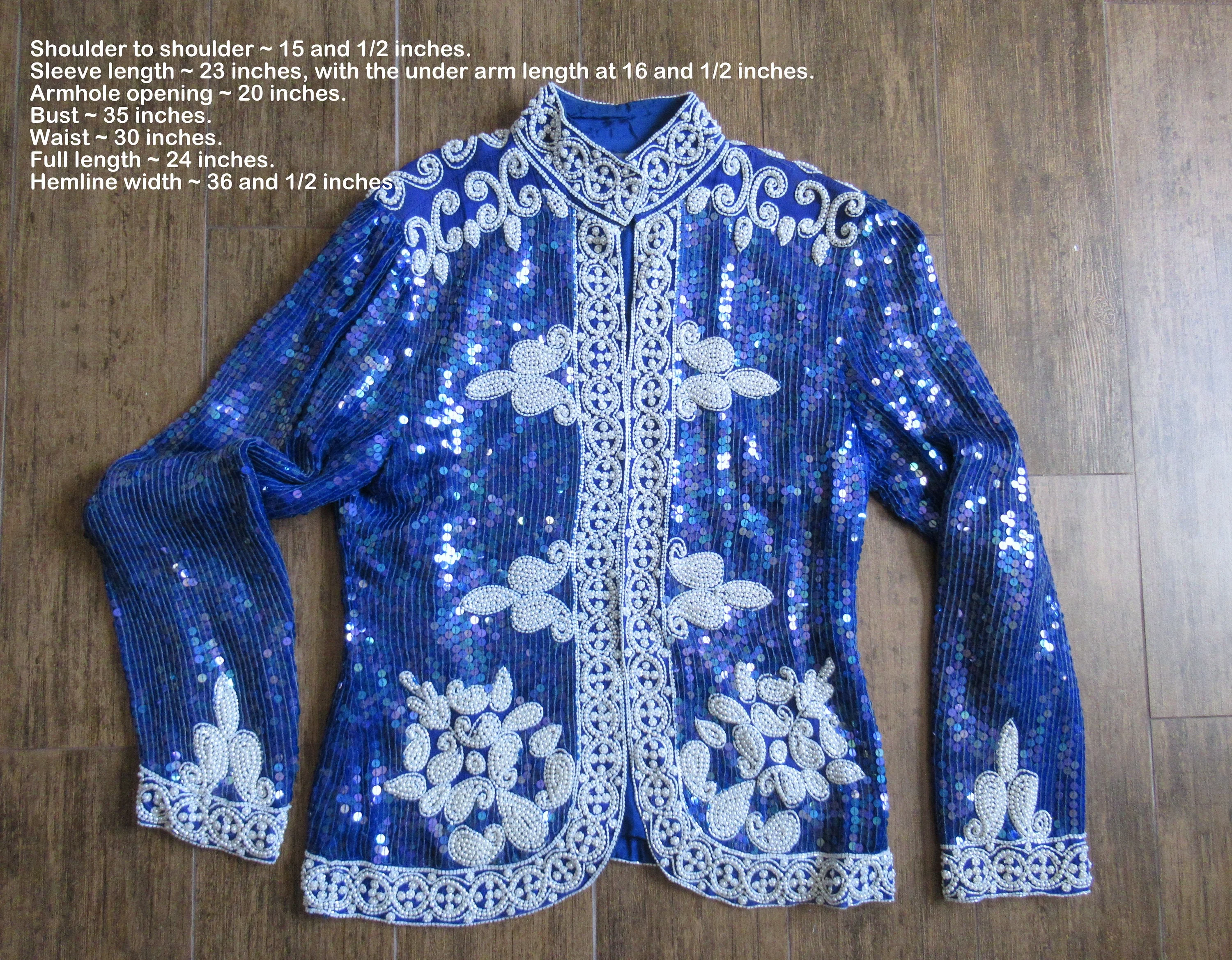 Beaded Sz S Silk Set 35 Inch Bust Modi Party Suit, Cobalt Blue / White, Made In India, Rayon Lining, Sequins, Bugle Bead and Faux Pearls - Image 5