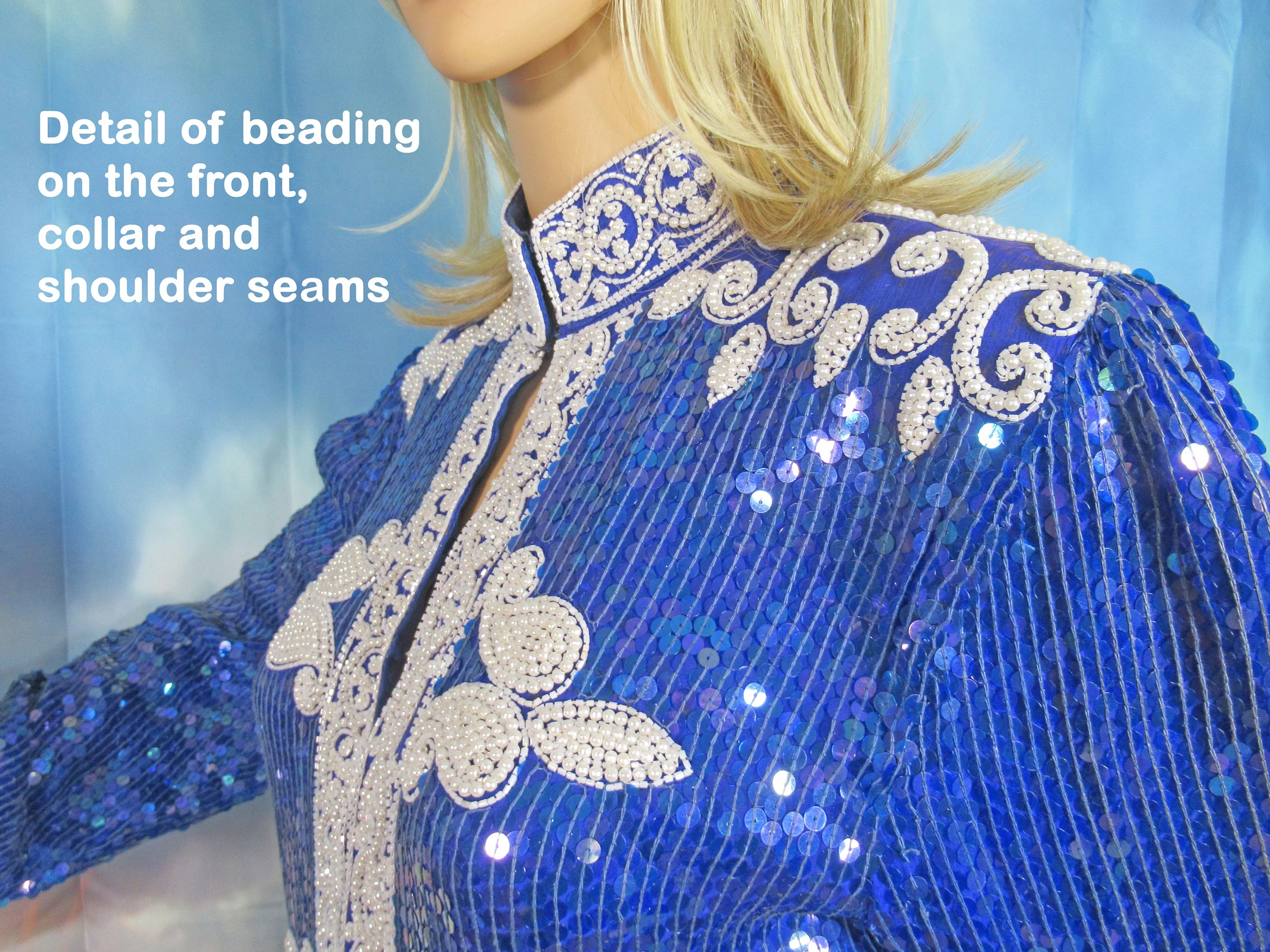 Beaded Sz S Silk Set 35 Inch Bust Modi Party Suit, Cobalt Blue / White, Made In India, Rayon Lining, Sequins, Bugle Bead and Faux Pearls - Image 7