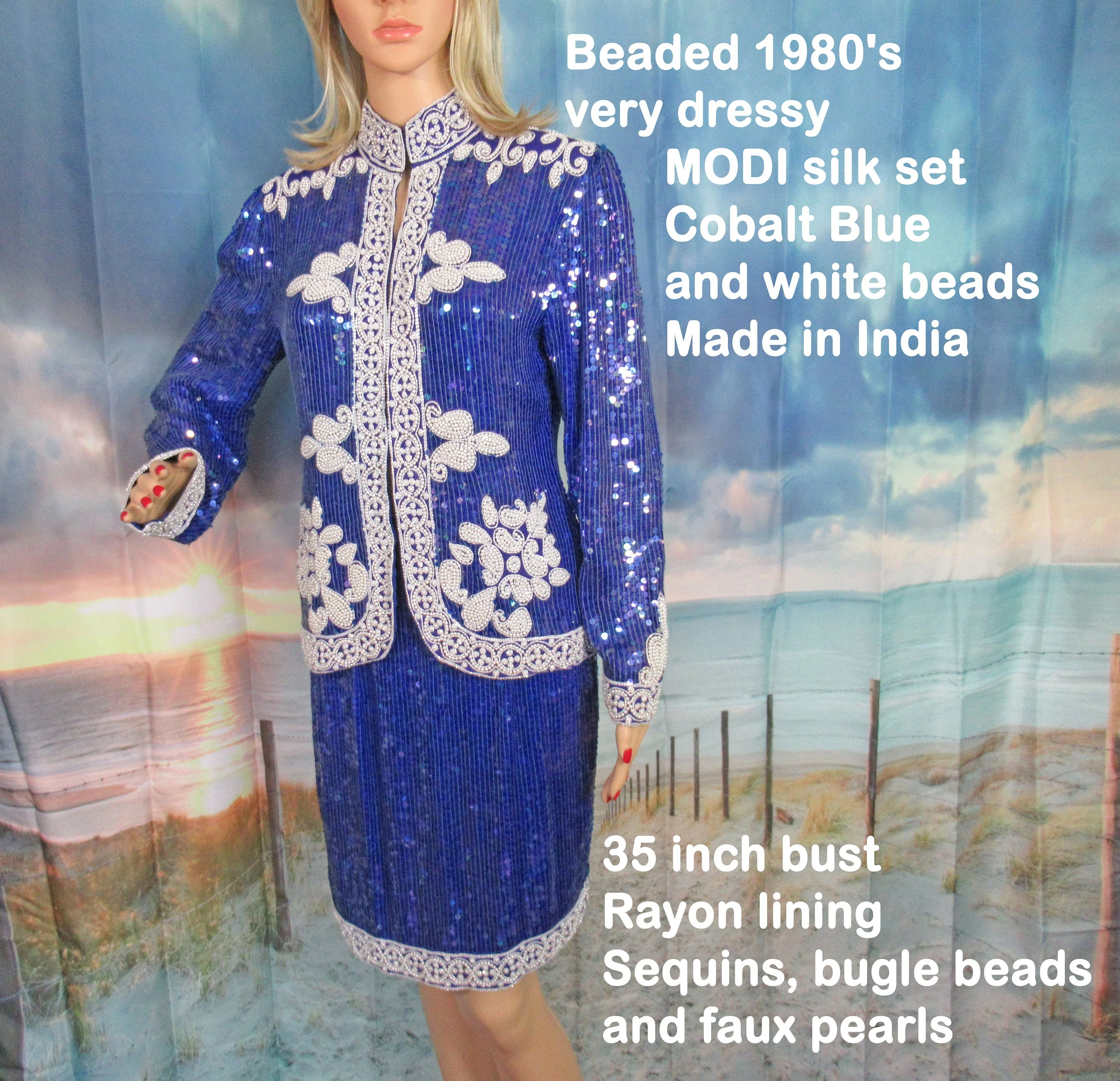 Beaded Sz S Silk Set 35 Inch Bust Modi Party Suit, Cobalt Blue / White, Made In India, Rayon Lining, Sequins, Bugle Bead and Faux Pearls - Image 9