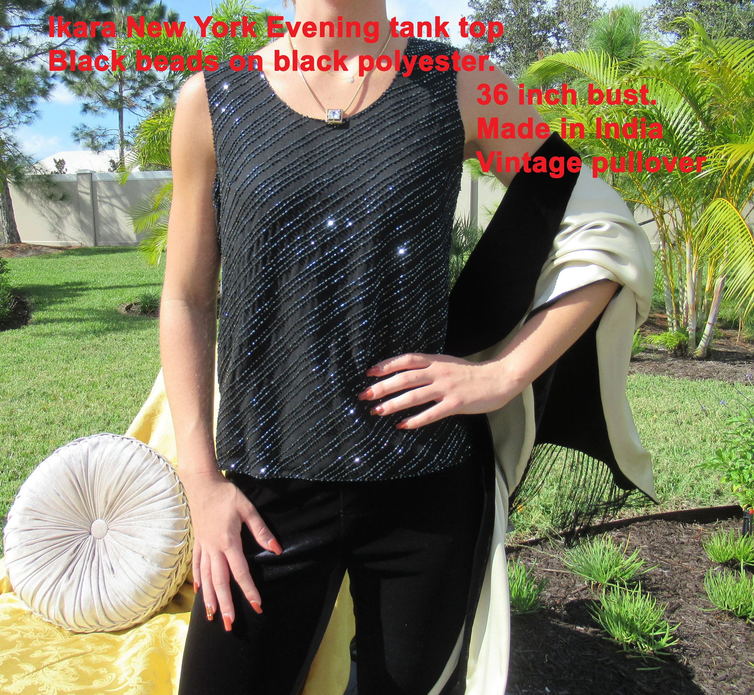 Beaded Tank Top Ikara New York Evening Black Beads On Black Polyester Diagonal Rows Bugle Beads Made In India Sleeveless Tank by Ikara New York - Image 2