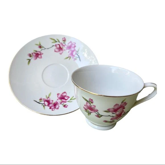 Beautiful Fine Bone China Set of 4 - Cherry Blossoms Teacup and Saucer by Grace - Image 2
