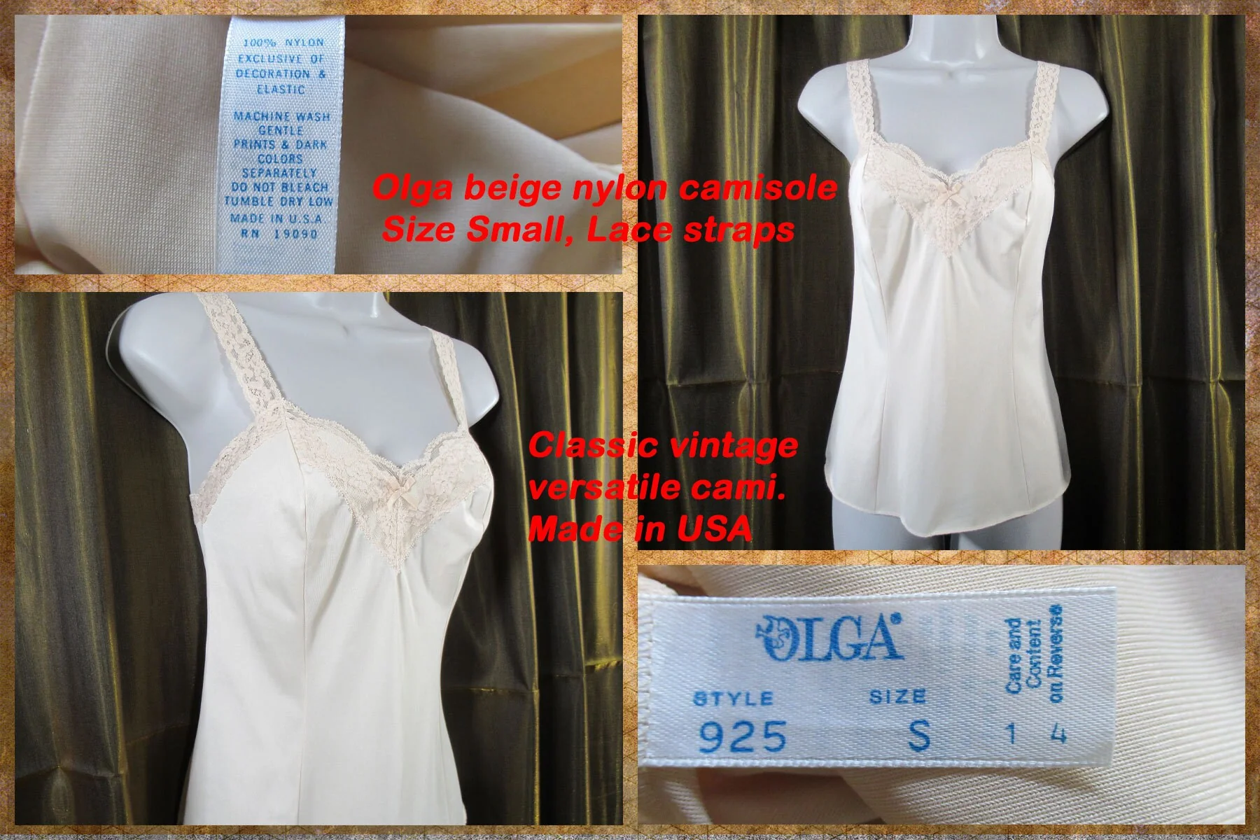 Beige Olga Small Camisole Nylon with Floral Lace Low Cut V-Neckline Lace Stretchy Straps Very Pretty Cami Vintage by Olga - Image 3