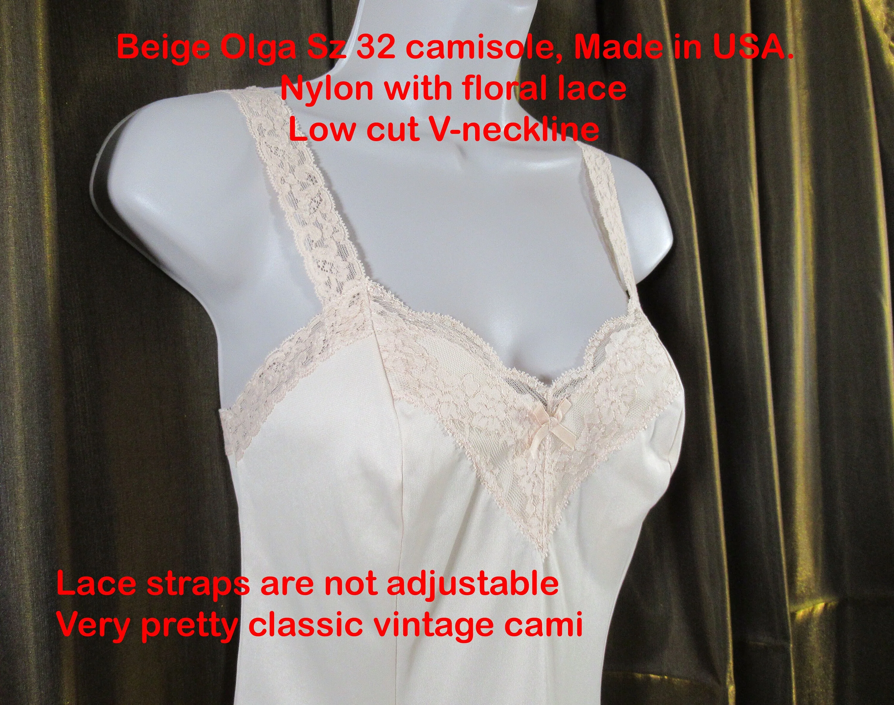 Beige Olga Small Camisole Nylon with Floral Lace Low Cut V-Neckline Lace Stretchy Straps Very Pretty Cami Vintage by Olga - Image 4