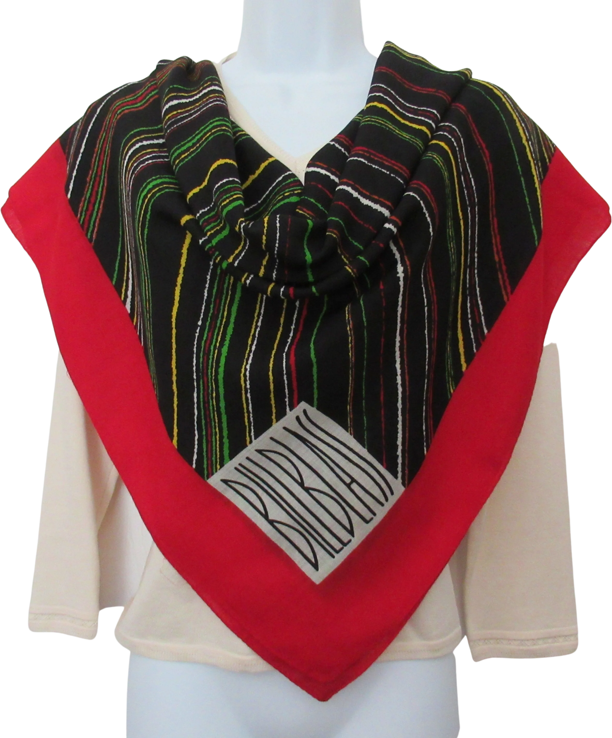 Bill Blass Scarf Designer Challis Square Diagonal Lines Design with Bold Red Border Rolled Hemedges Black Red Green by Bill Blass
