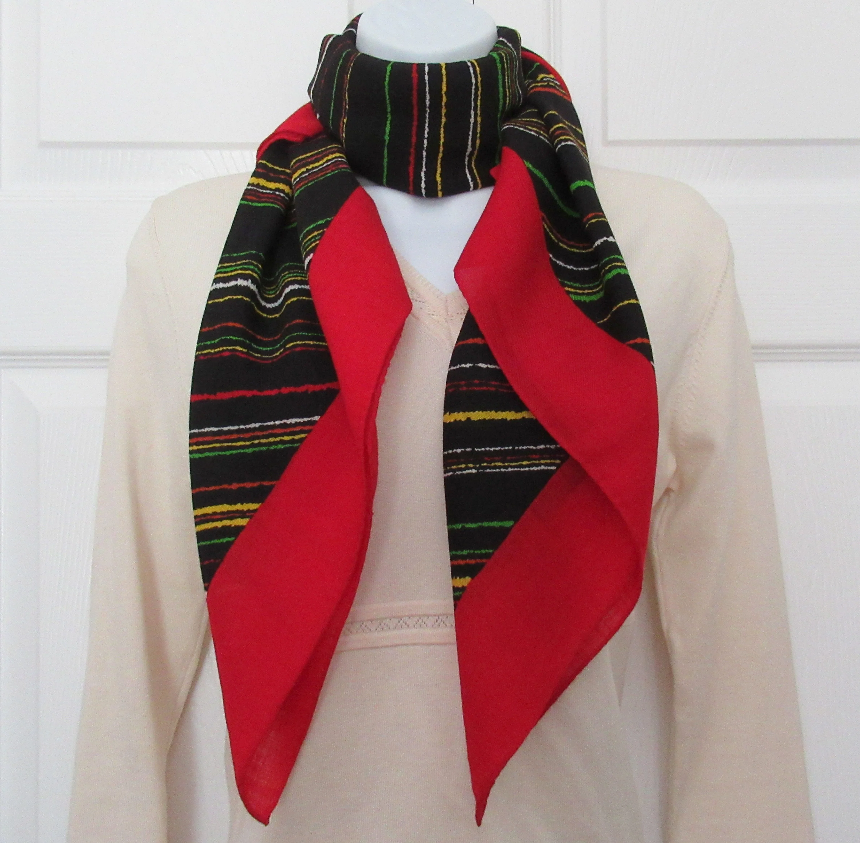 Bill Blass Scarf Designer Challis Square Diagonal Lines Design with Bold Red Border Rolled Hemedges Black Red Green by Bill Blass - Image 10