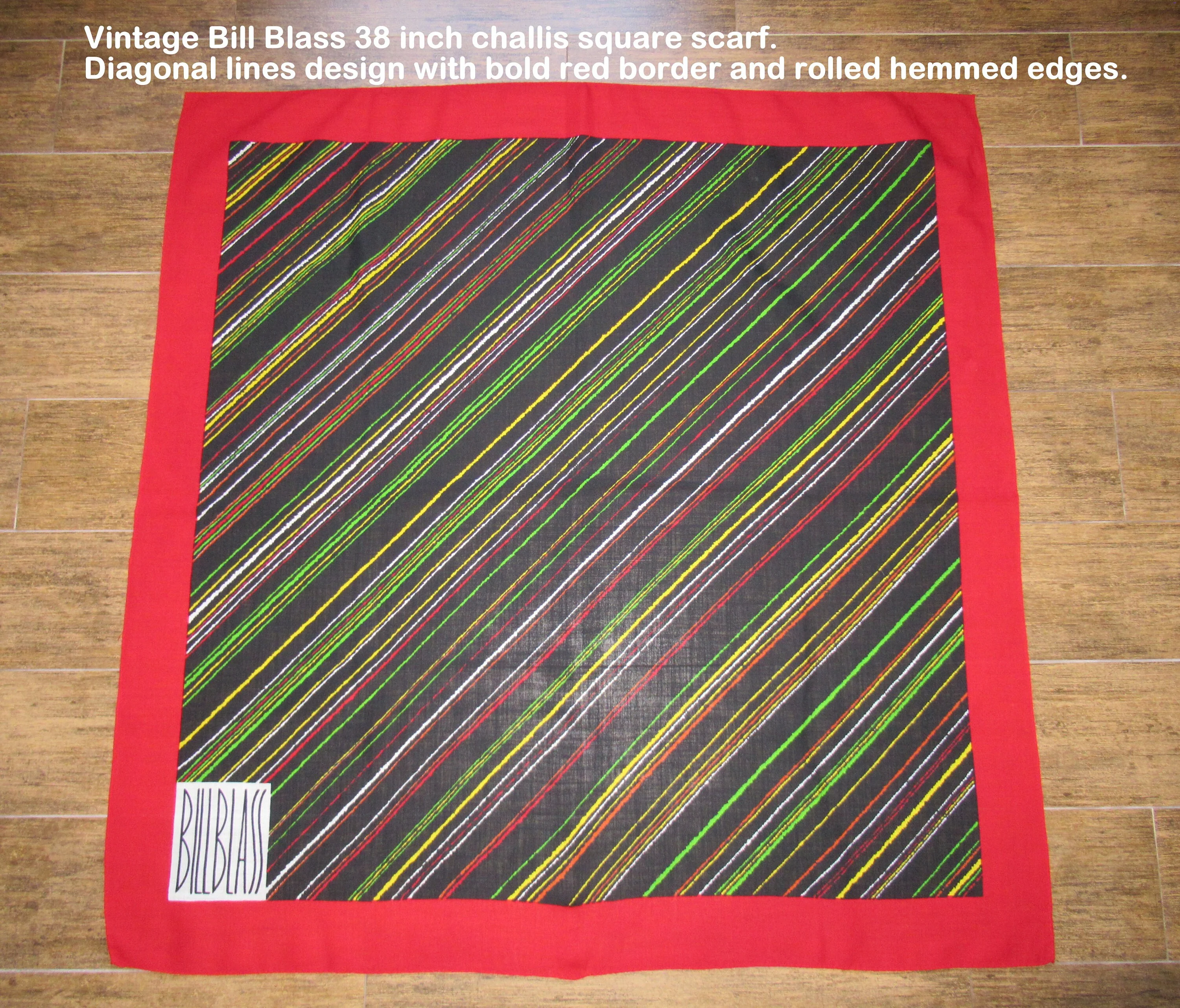 Bill Blass Scarf Designer Challis Square Diagonal Lines Design with Bold Red Border Rolled Hemedges Black Red Green by Bill Blass - Image 3