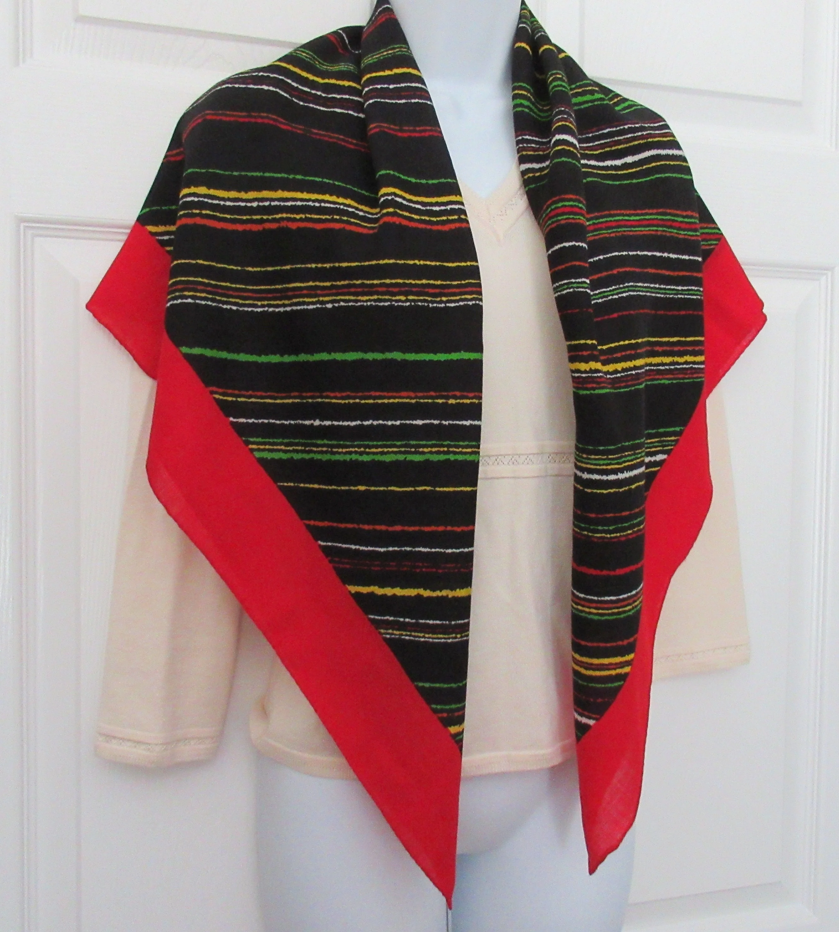 Bill Blass Scarf Designer Challis Square Diagonal Lines Design with Bold Red Border Rolled Hemedges Black Red Green by Bill Blass - Image 4