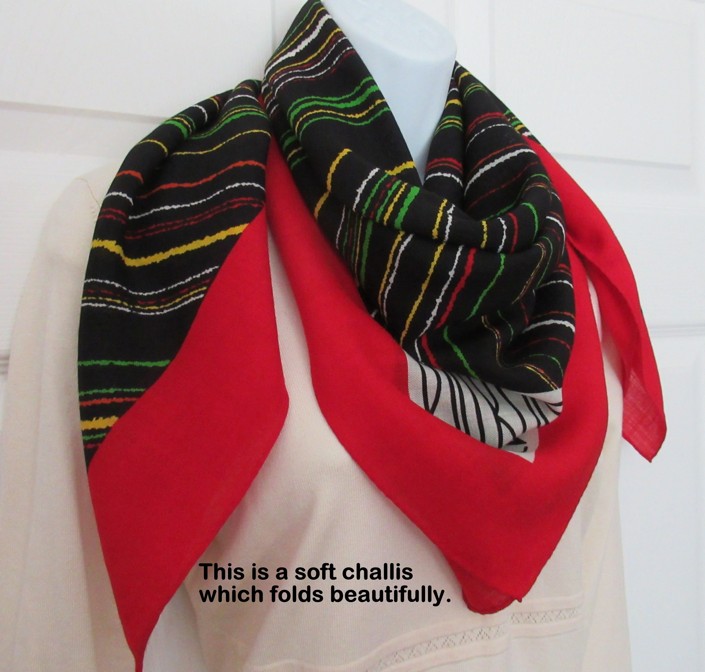 Bill Blass Scarf Designer Challis Square Diagonal Lines Design with Bold Red Border Rolled Hemedges Black Red Green by Bill Blass - Image 5