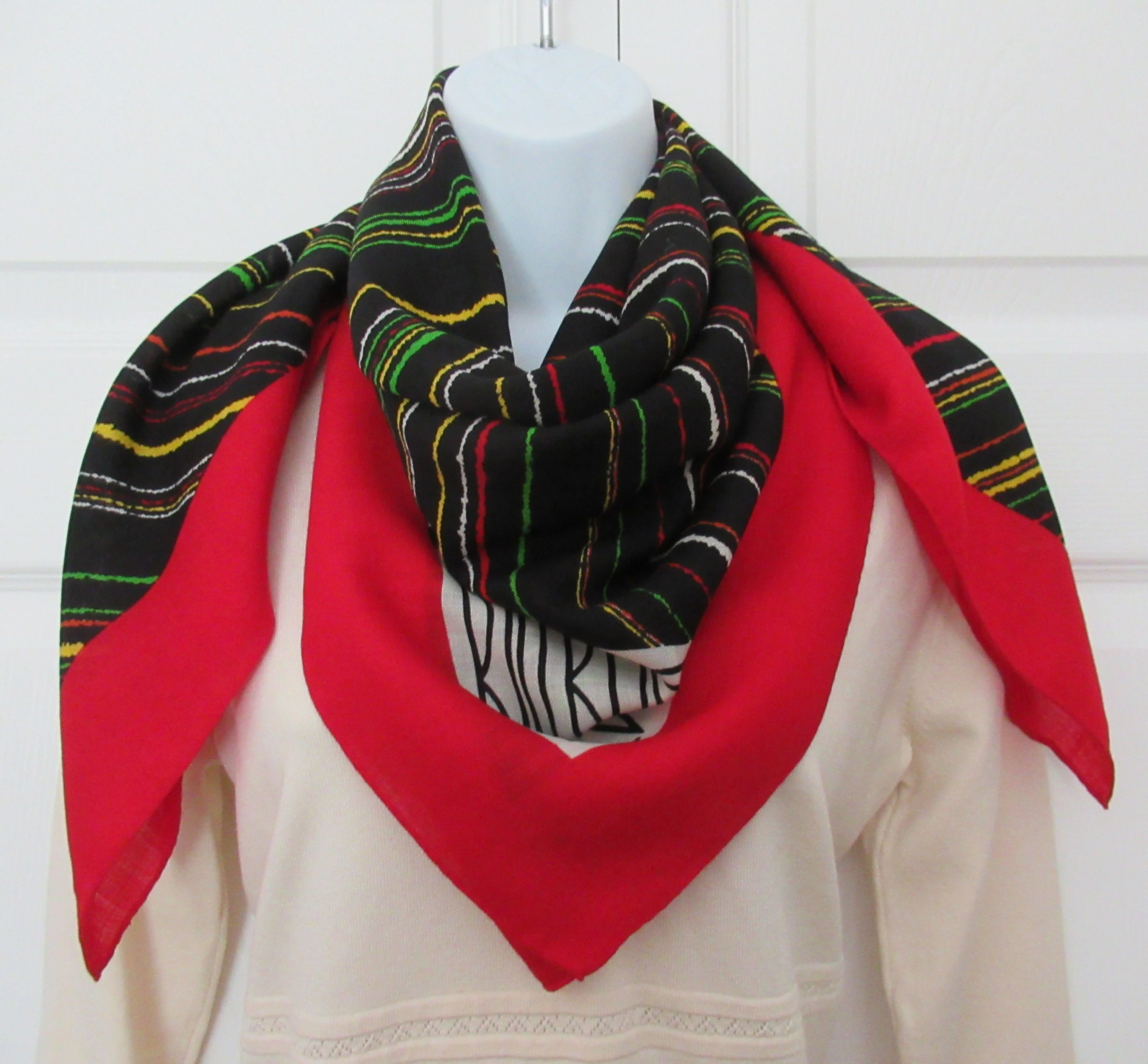 Bill Blass Scarf Designer Challis Square Diagonal Lines Design with Bold Red Border Rolled Hemedges Black Red Green by Bill Blass - Image 7