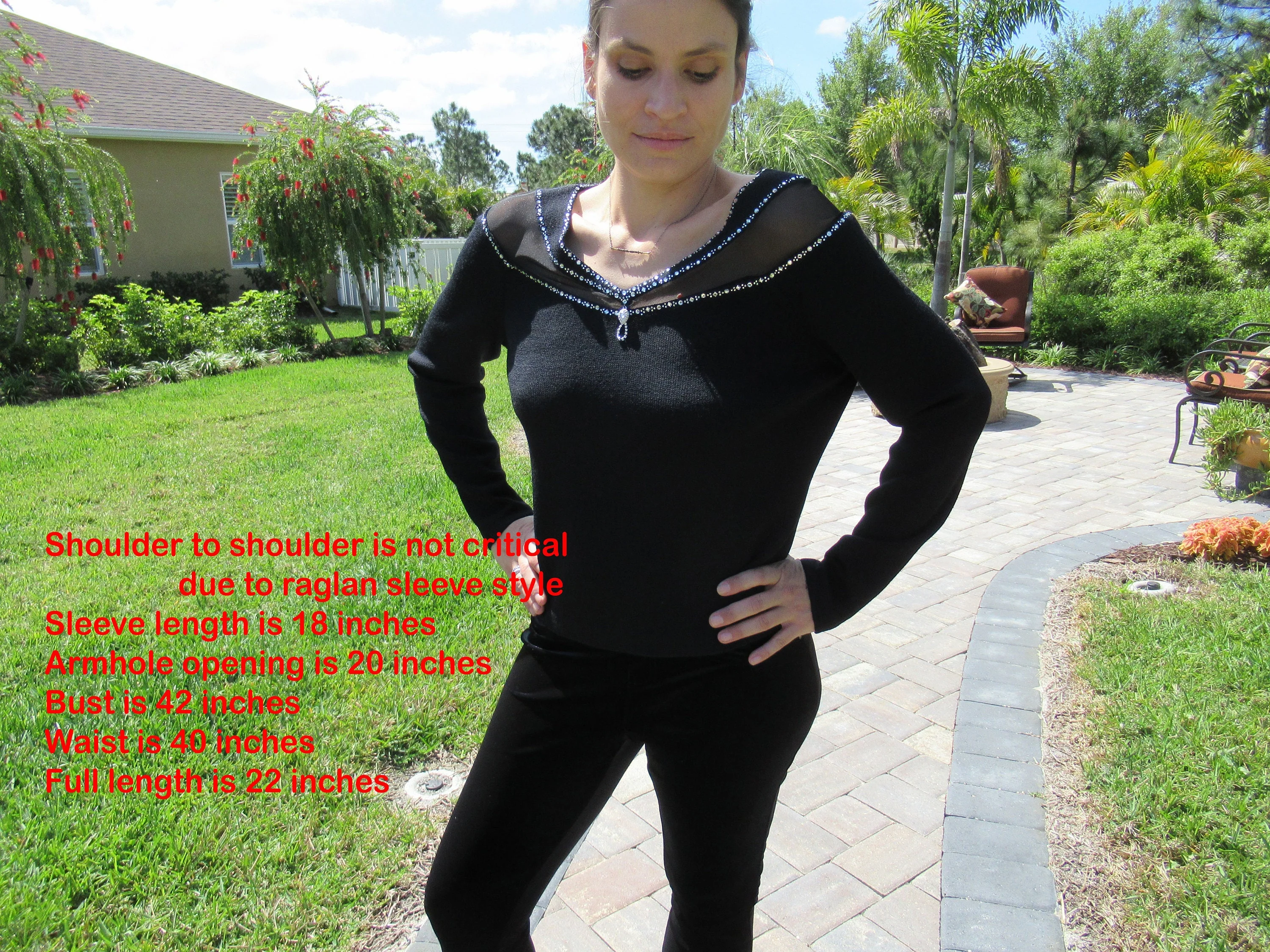 Black 38 Inch Bust Pullover Sweater Rows of Rhinestone Trim Sheer Yoke V-Neck Made In Usa Glam Sjk Vtg by St John Evening by Marie Gray - Image 2