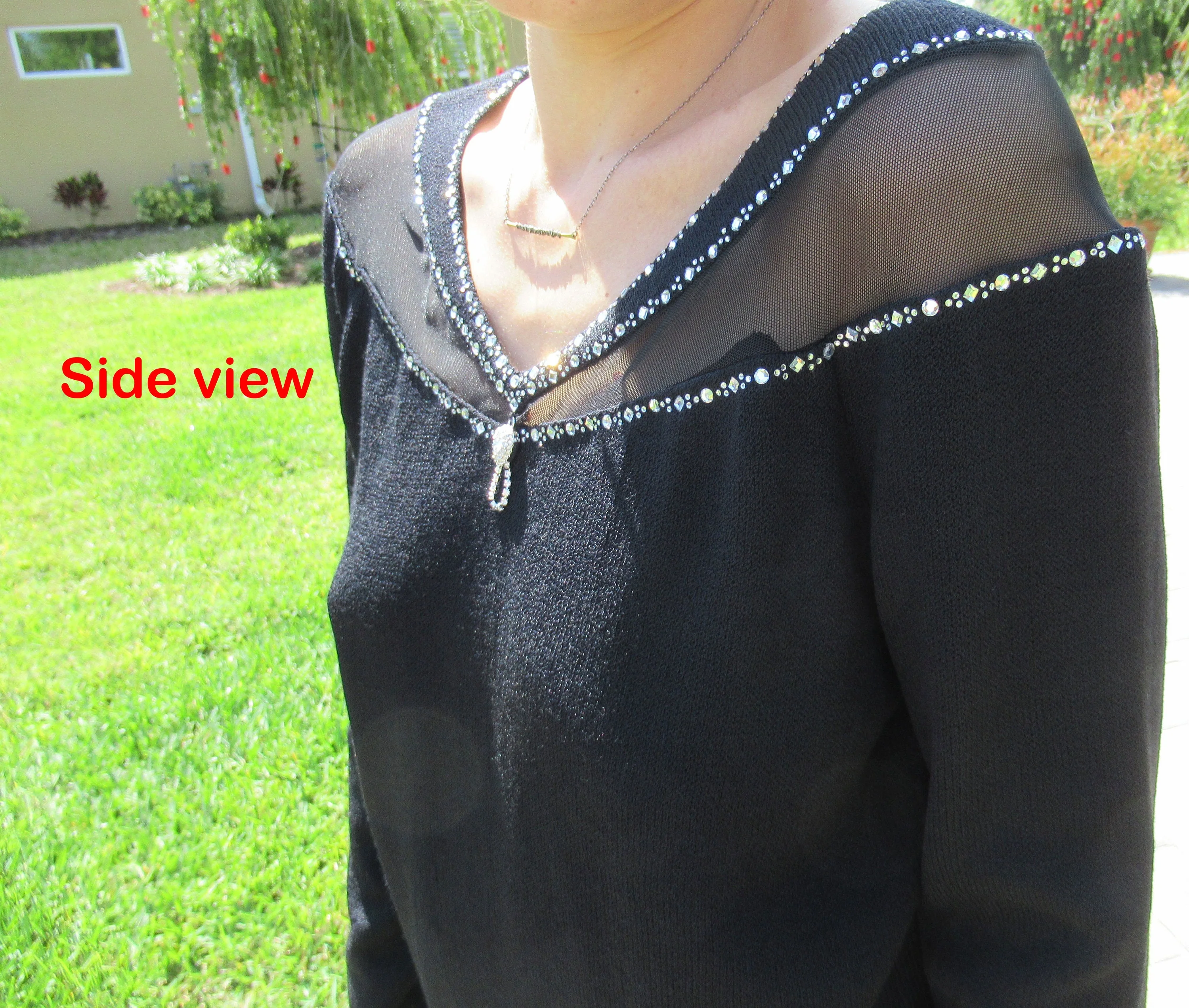 Black 38 Inch Bust Pullover Sweater Rows of Rhinestone Trim Sheer Yoke V-Neck Made In Usa Glam Sjk Vtg by St John Evening by Marie Gray - Image 6