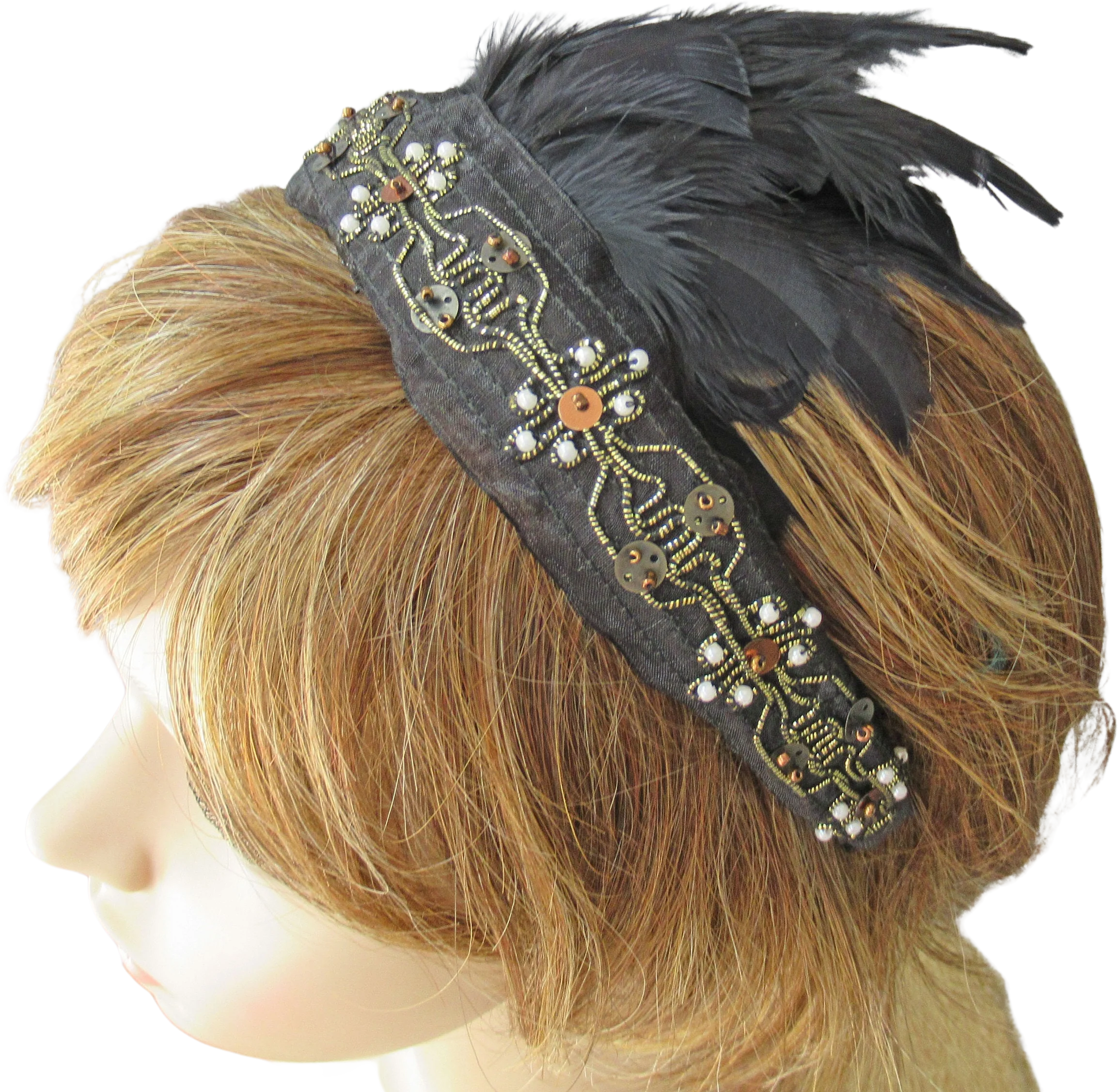 Black and Gold Lace with White Faux Pearls and Gold Sequins Deco Inspired Headband Black Feathers 20s Flapper Style