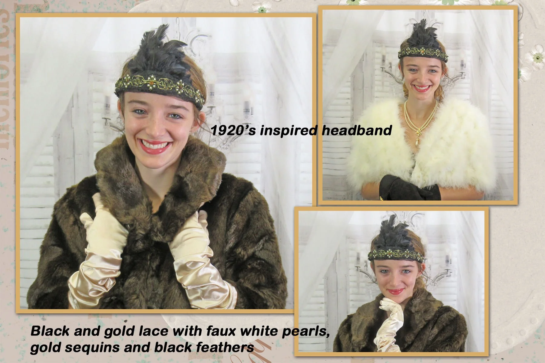 Black and Gold Lace with White Faux Pearls and Gold Sequins Deco Inspired Headband Black Feathers 20s Flapper Style - Image 2