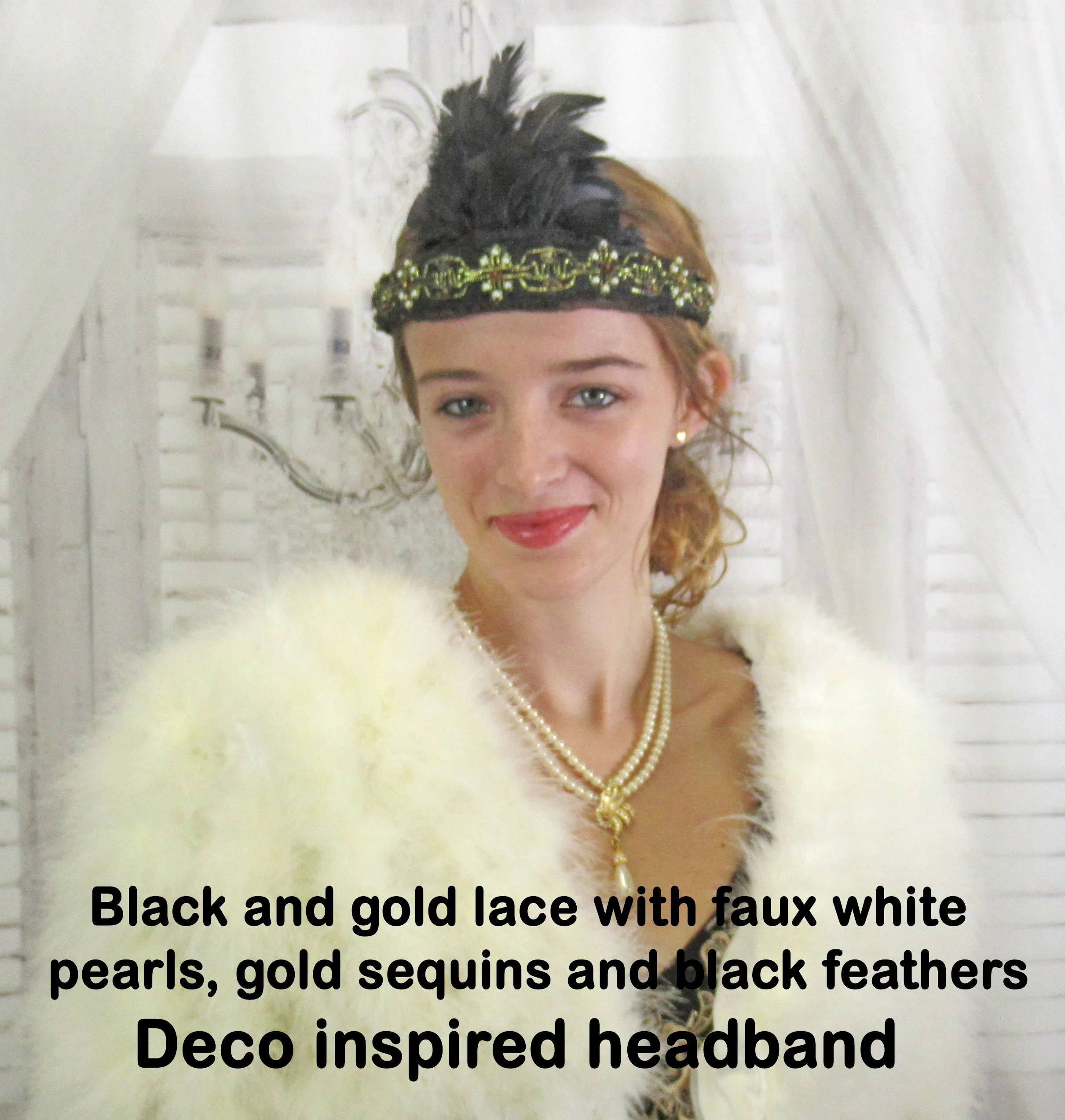 Black and Gold Lace with White Faux Pearls and Gold Sequins Deco Inspired Headband Black Feathers 20s Flapper Style - Image 3