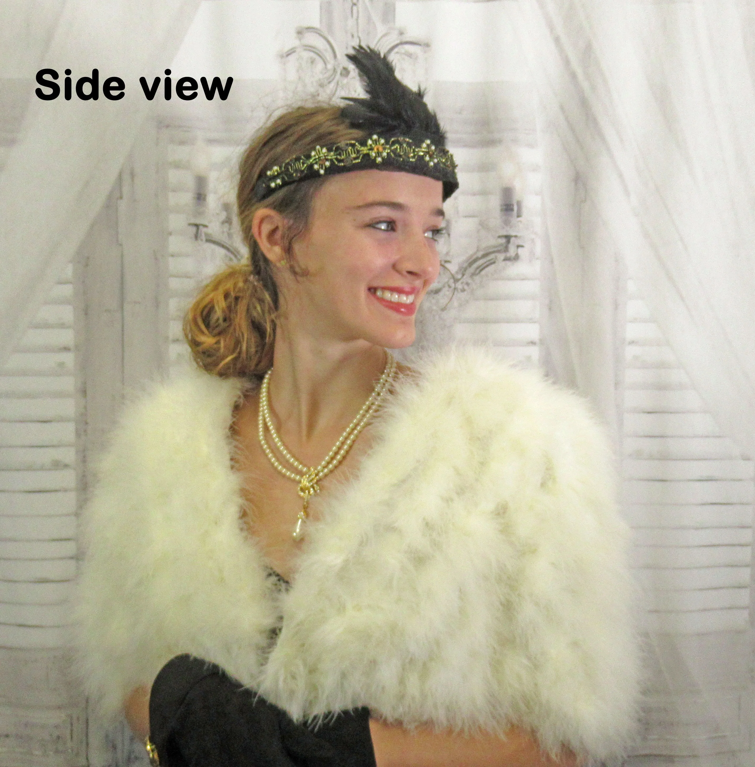 Black and Gold Lace with White Faux Pearls and Gold Sequins Deco Inspired Headband Black Feathers 20s Flapper Style - Image 4