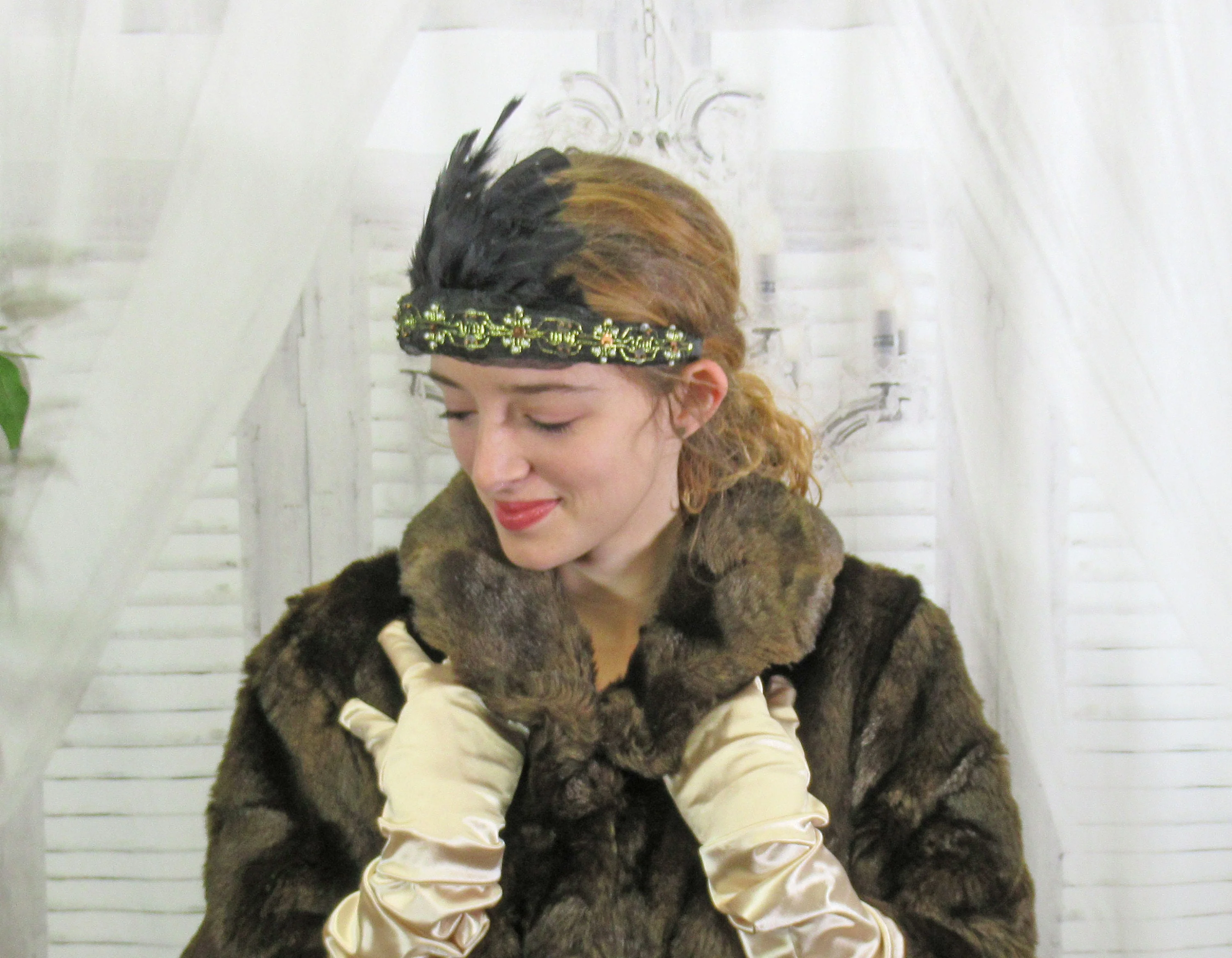 Black and Gold Lace with White Faux Pearls and Gold Sequins Deco Inspired Headband Black Feathers 20s Flapper Style - Image 5