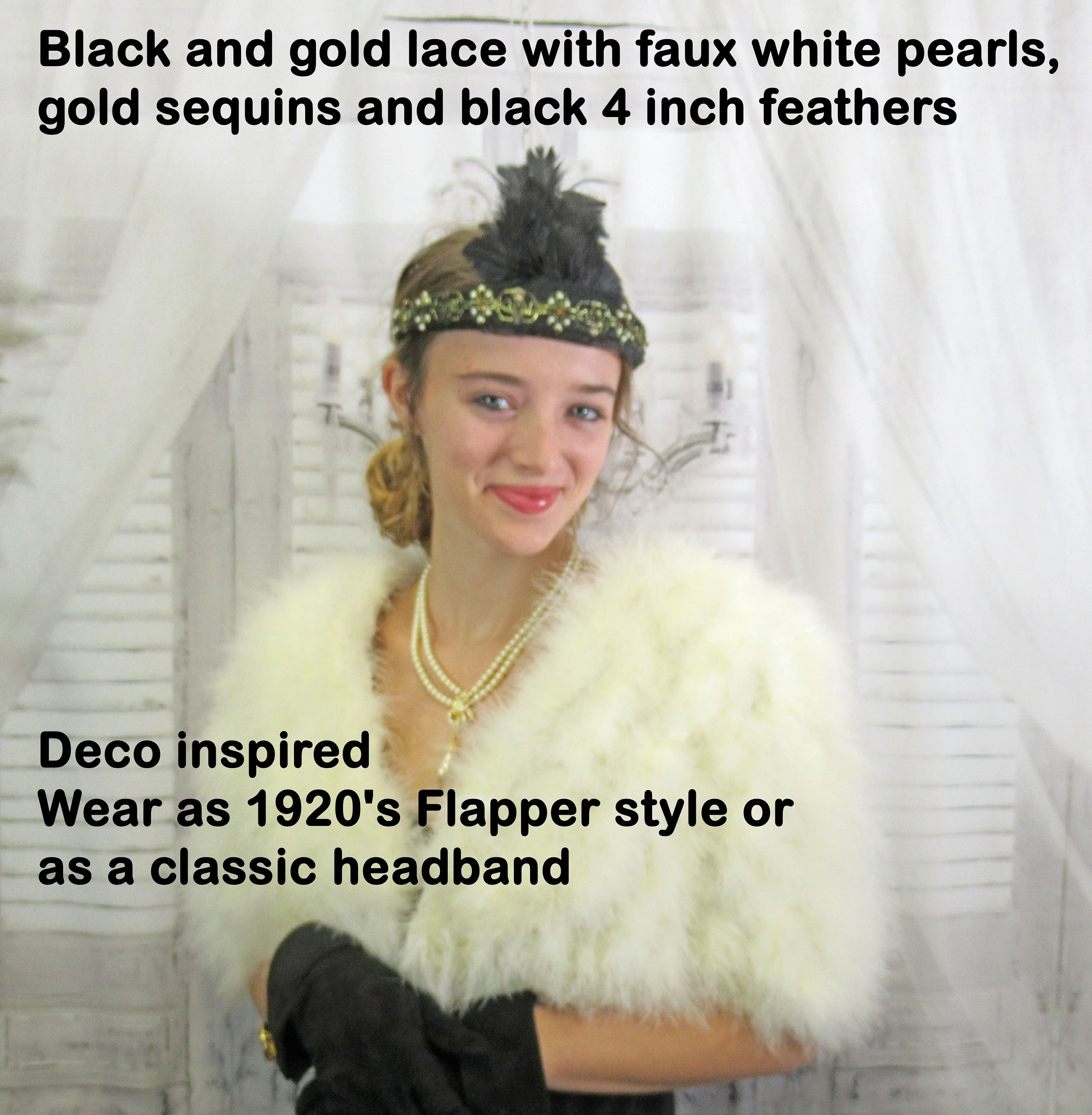 Black and Gold Lace with White Faux Pearls and Gold Sequins Deco Inspired Headband Black Feathers 20s Flapper Style - Image 6
