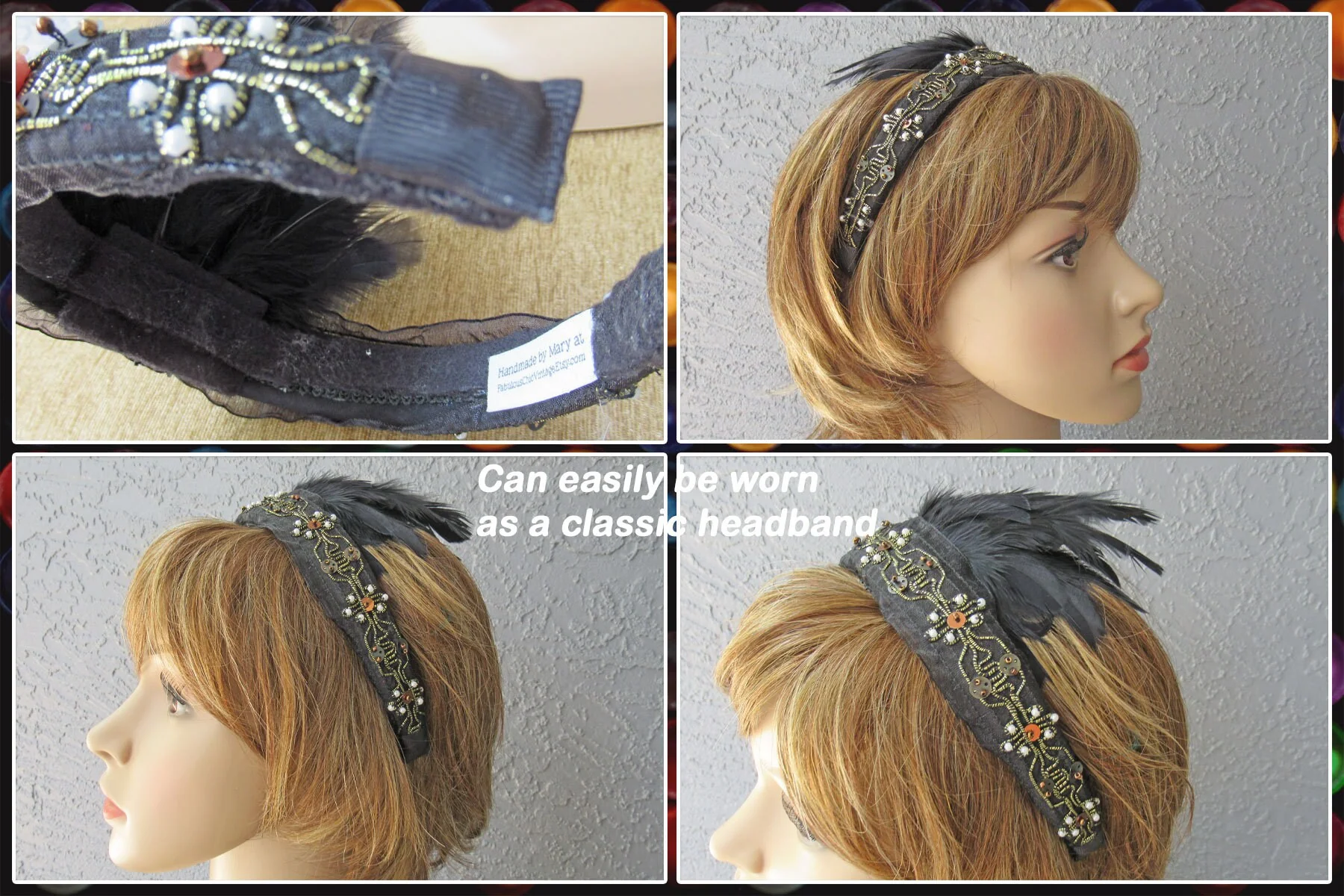 Black and Gold Lace with White Faux Pearls and Gold Sequins Deco Inspired Headband Black Feathers 20s Flapper Style - Image 7