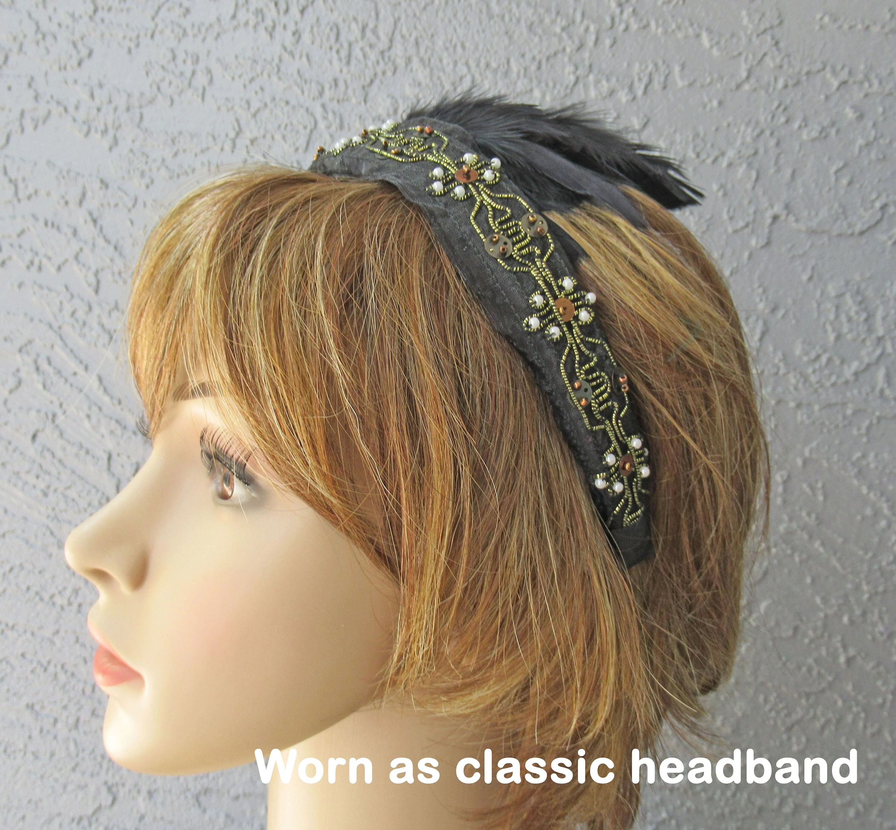 Black and Gold Lace with White Faux Pearls and Gold Sequins Deco Inspired Headband Black Feathers 20s Flapper Style - Image 8