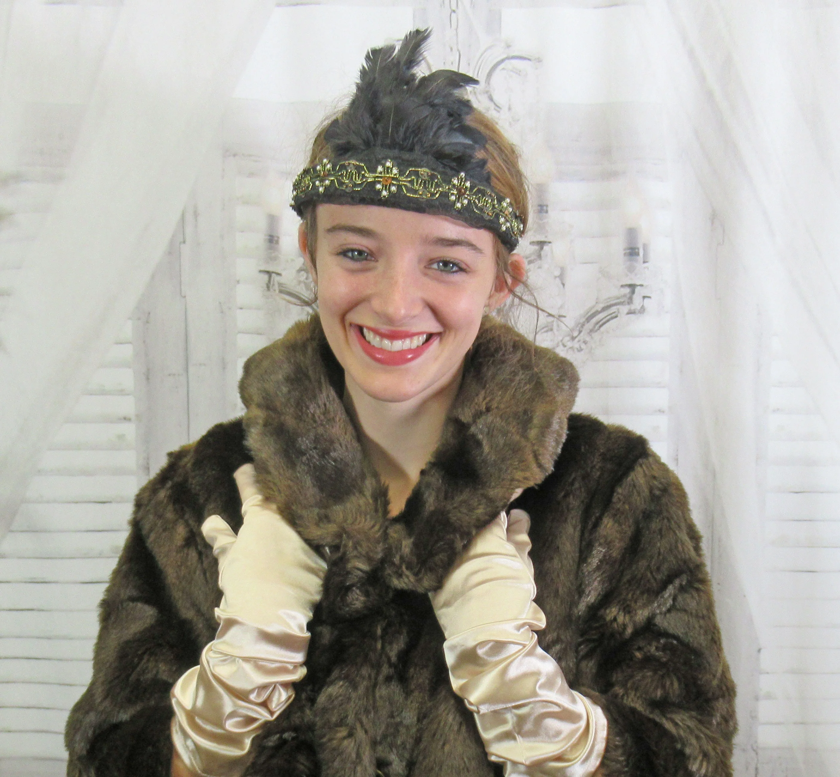 Black and Gold Lace with White Faux Pearls and Gold Sequins Deco Inspired Headband Black Feathers 20s Flapper Style - Image 9