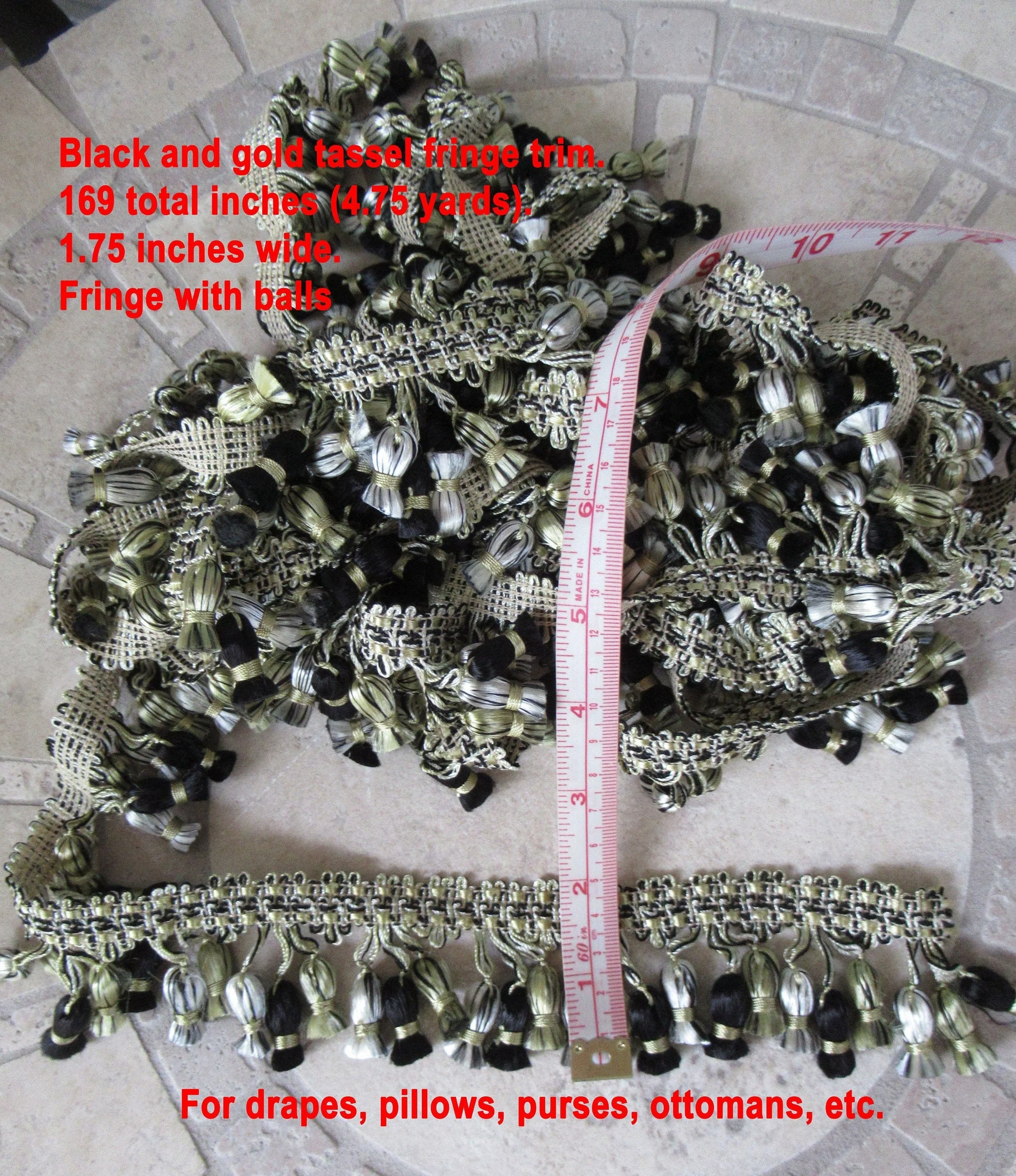 Black and Gold Tassel Fringe Trim 169 Total Es (475 Yards) 175 Wide Fringe W Balls for Drapes Pillows Purses Ottomans Etc - Image 3