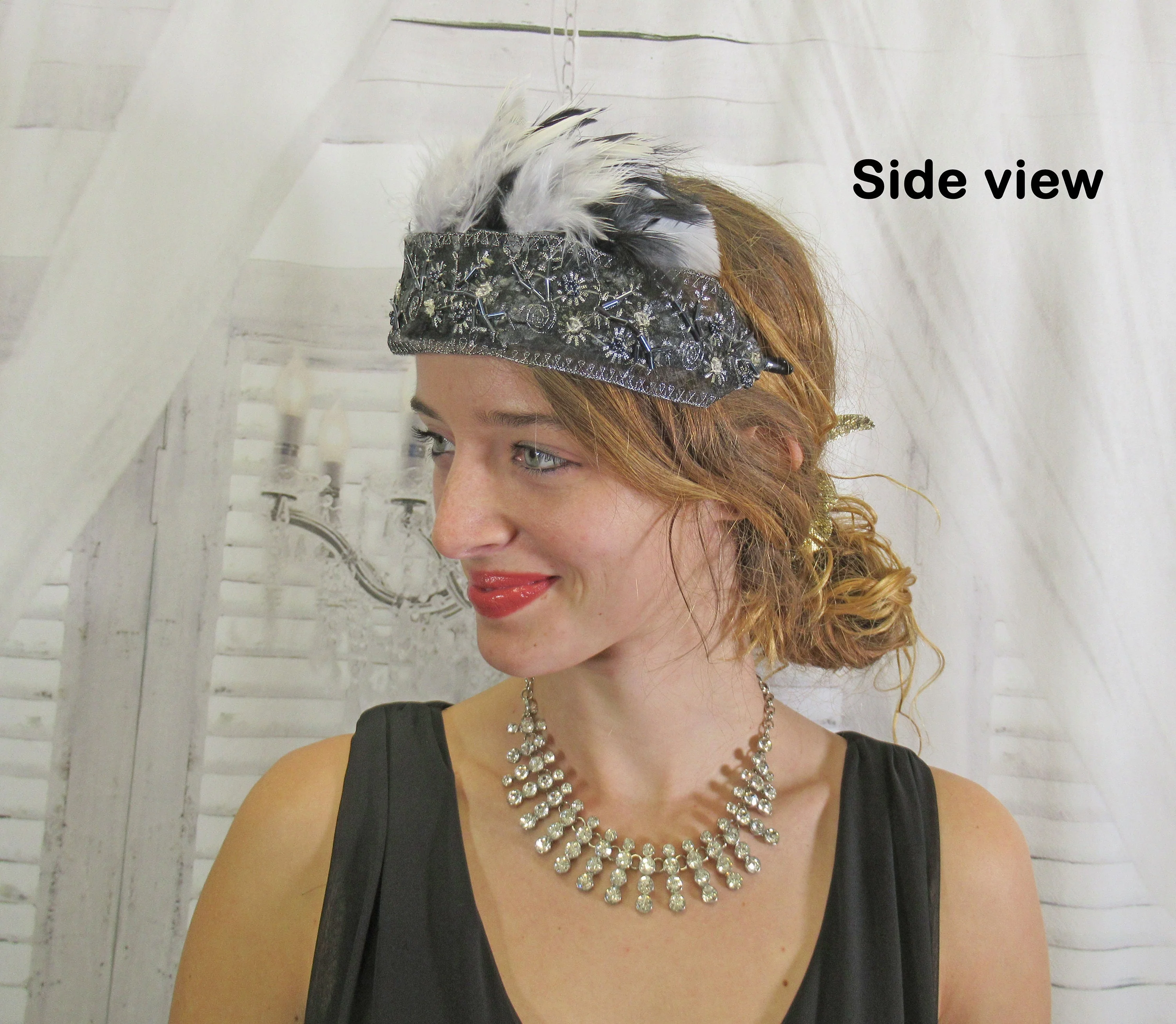 Black and Silver Lace with Beading Deco Inspired Headband 20s Flapper Style Black and White Feathers Easy To Wear As Headband Too - Image 10