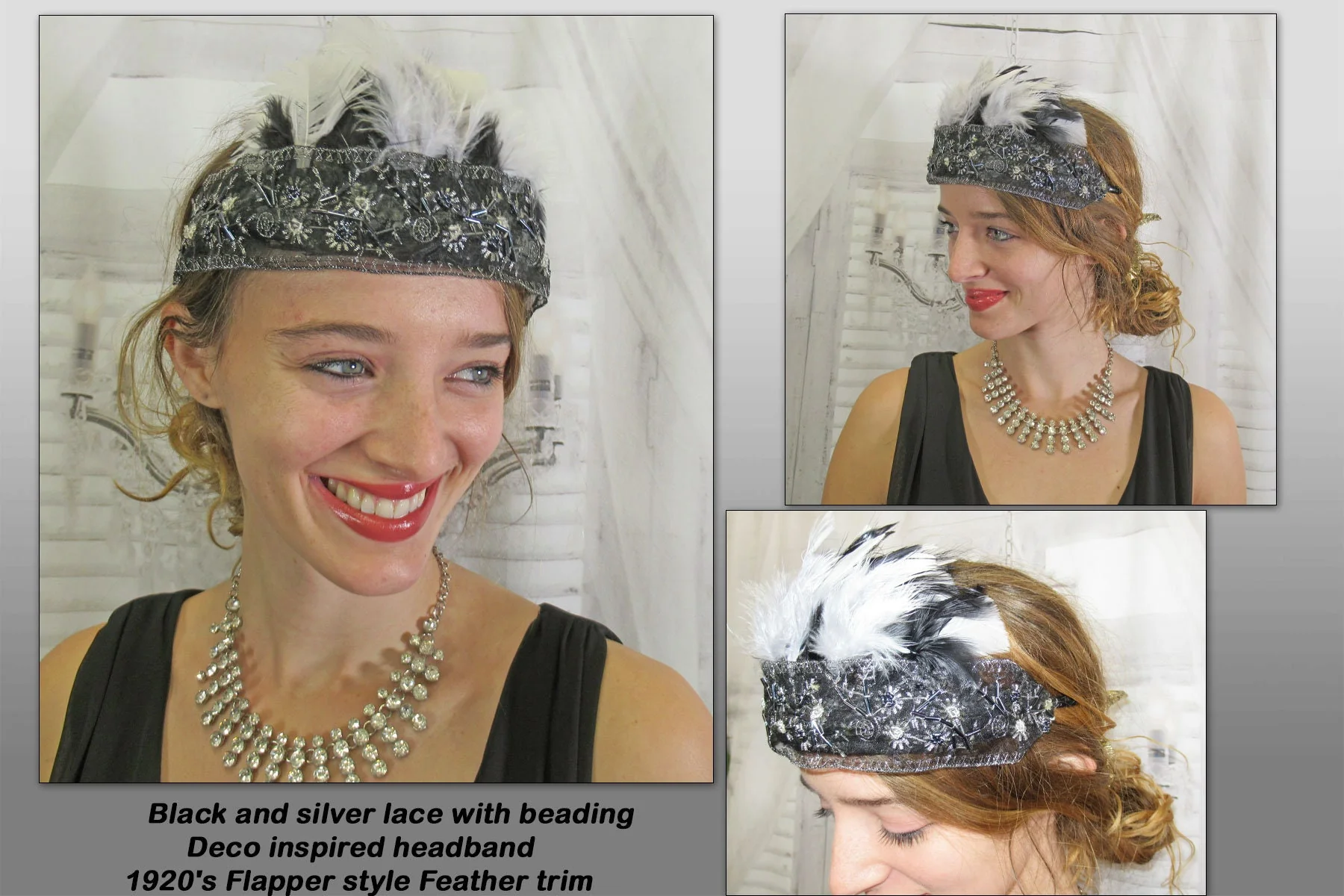 Black and Silver Lace with Beading Deco Inspired Headband 20s Flapper Style Black and White Feathers Easy To Wear As Headband Too - Image 2