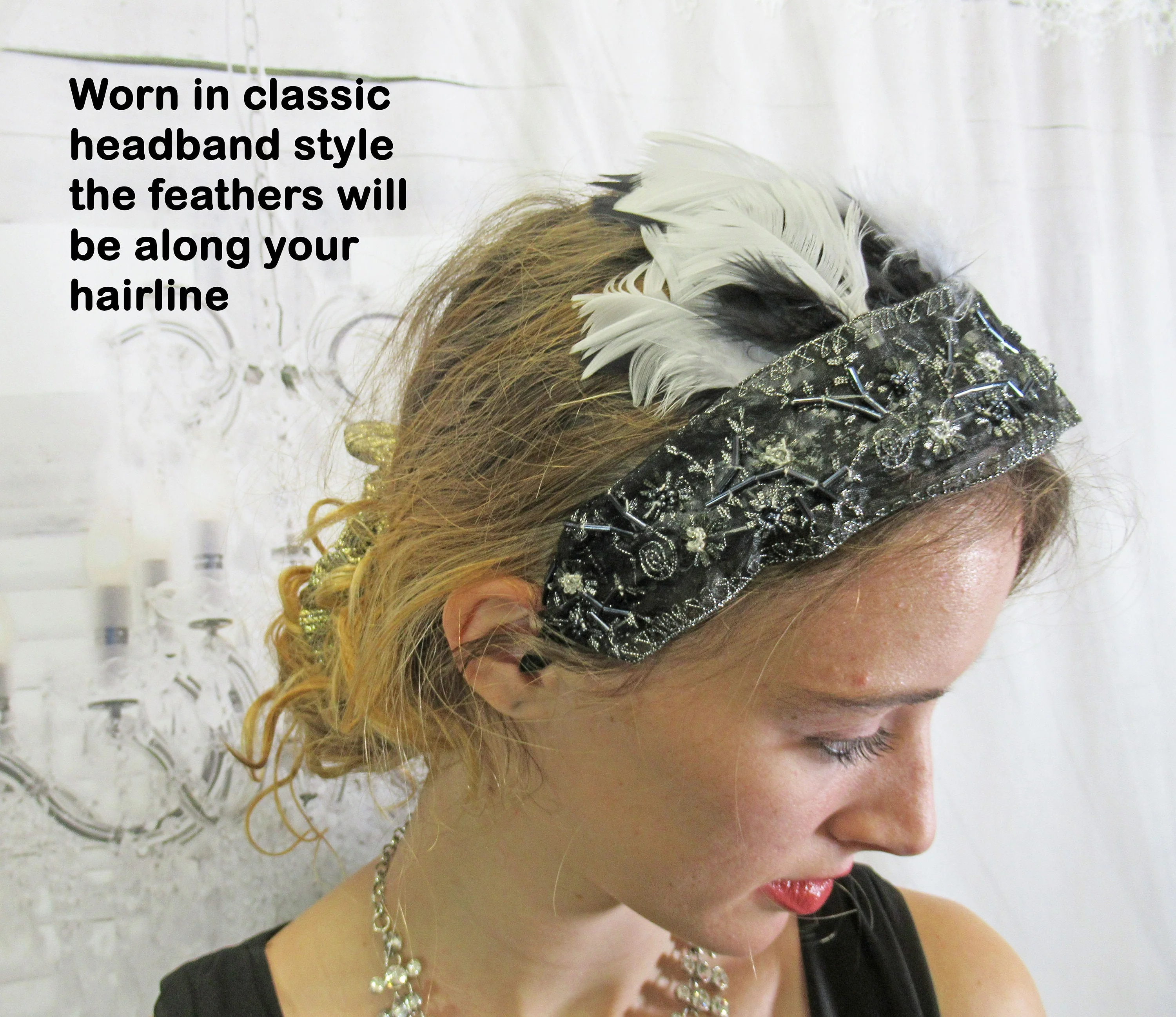 Black and Silver Lace with Beading Deco Inspired Headband 20s Flapper Style Black and White Feathers Easy To Wear As Headband Too - Image 4