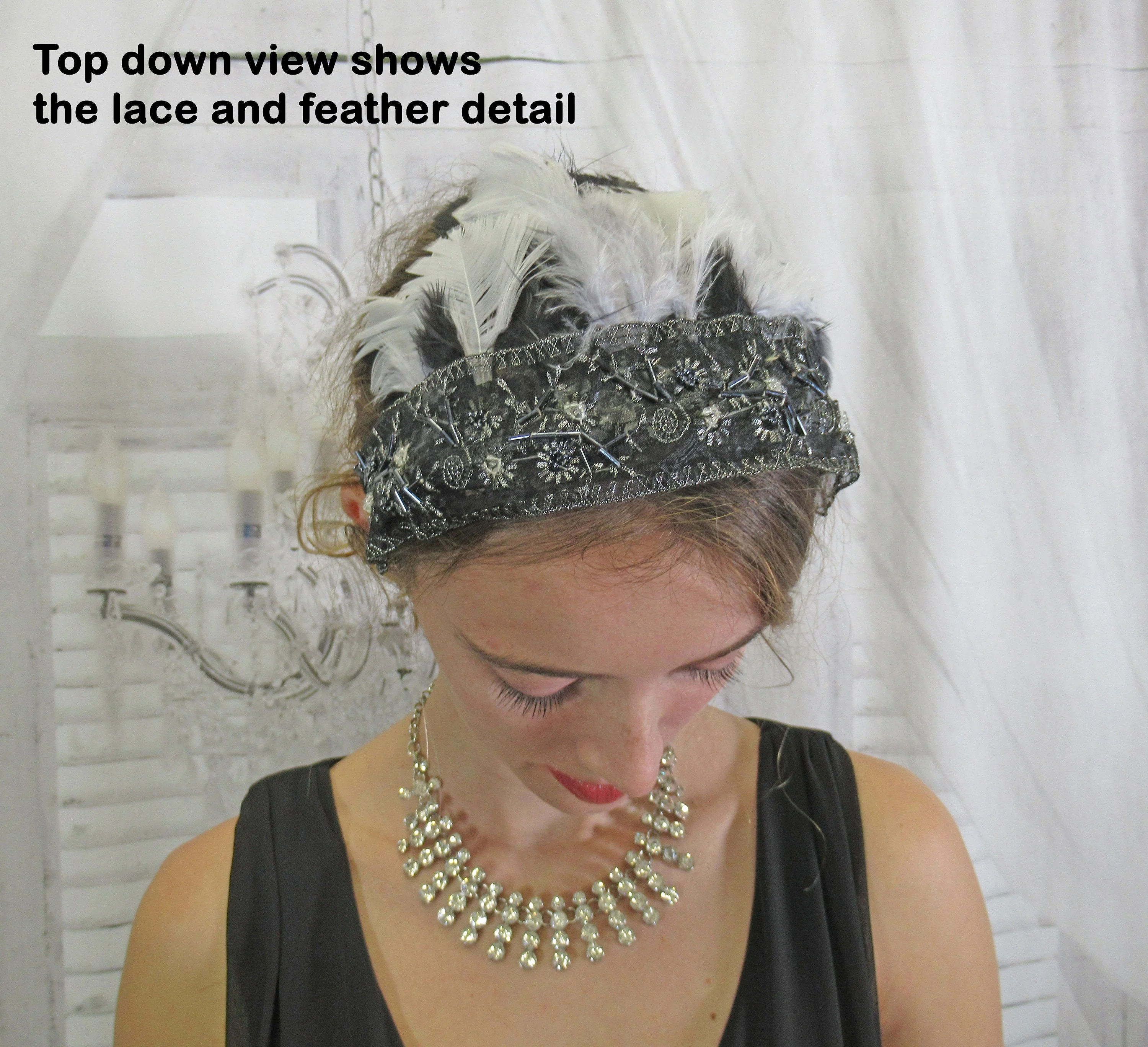 Black and Silver Lace with Beading Deco Inspired Headband 20s Flapper Style Black and White Feathers Easy To Wear As Headband Too - Image 5