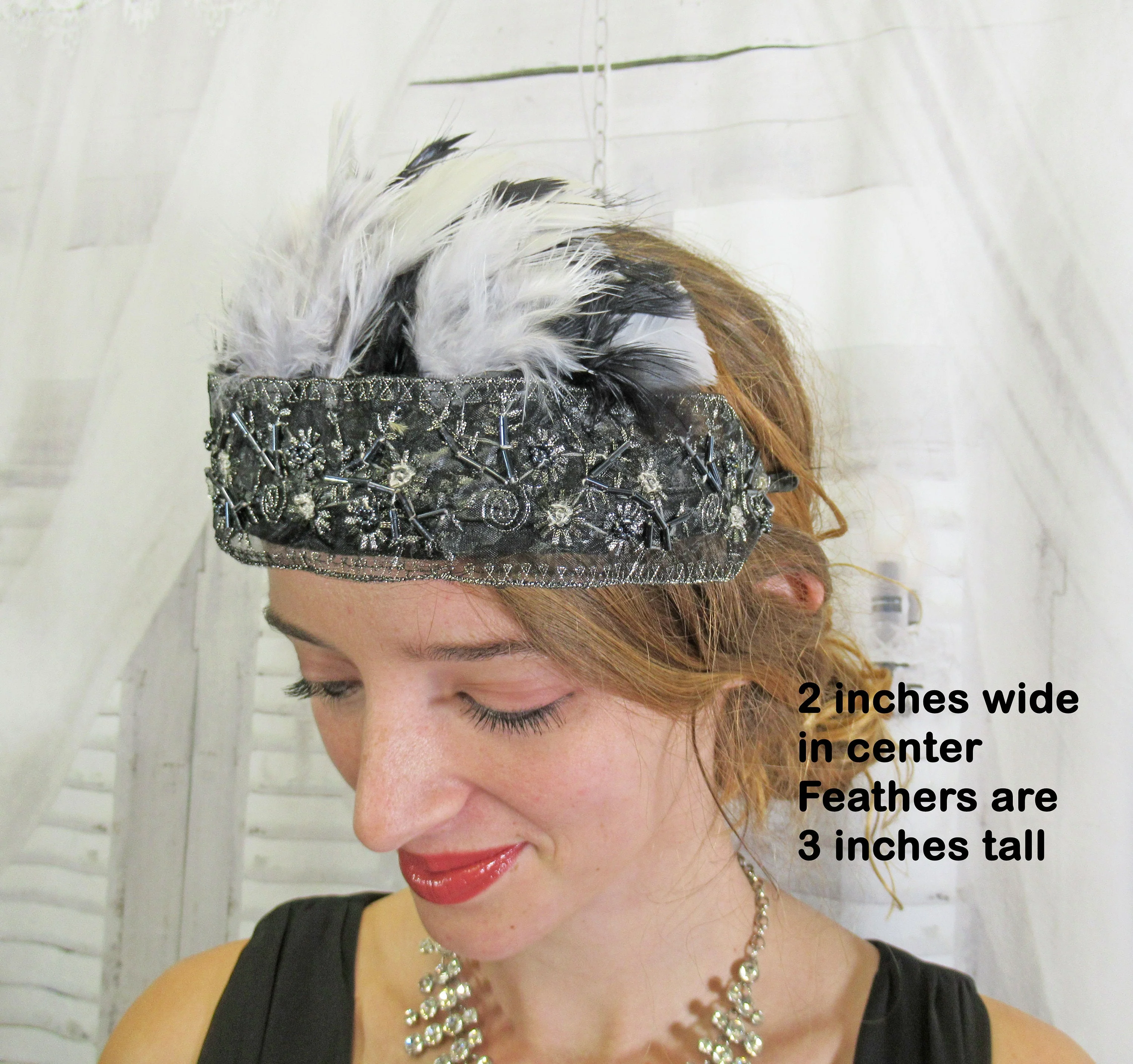 Black and Silver Lace with Beading Deco Inspired Headband 20s Flapper Style Black and White Feathers Easy To Wear As Headband Too - Image 6