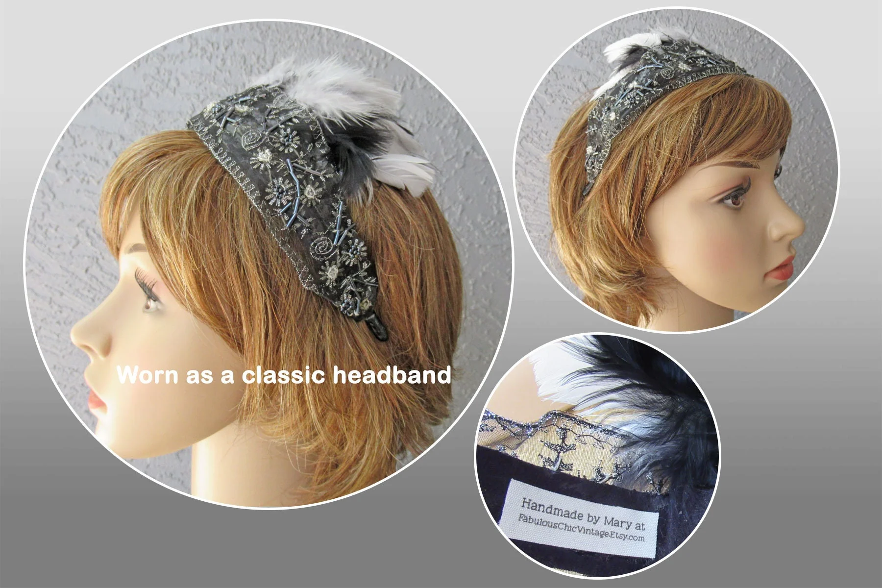 Black and Silver Lace with Beading Deco Inspired Headband 20s Flapper Style Black and White Feathers Easy To Wear As Headband Too - Image 7