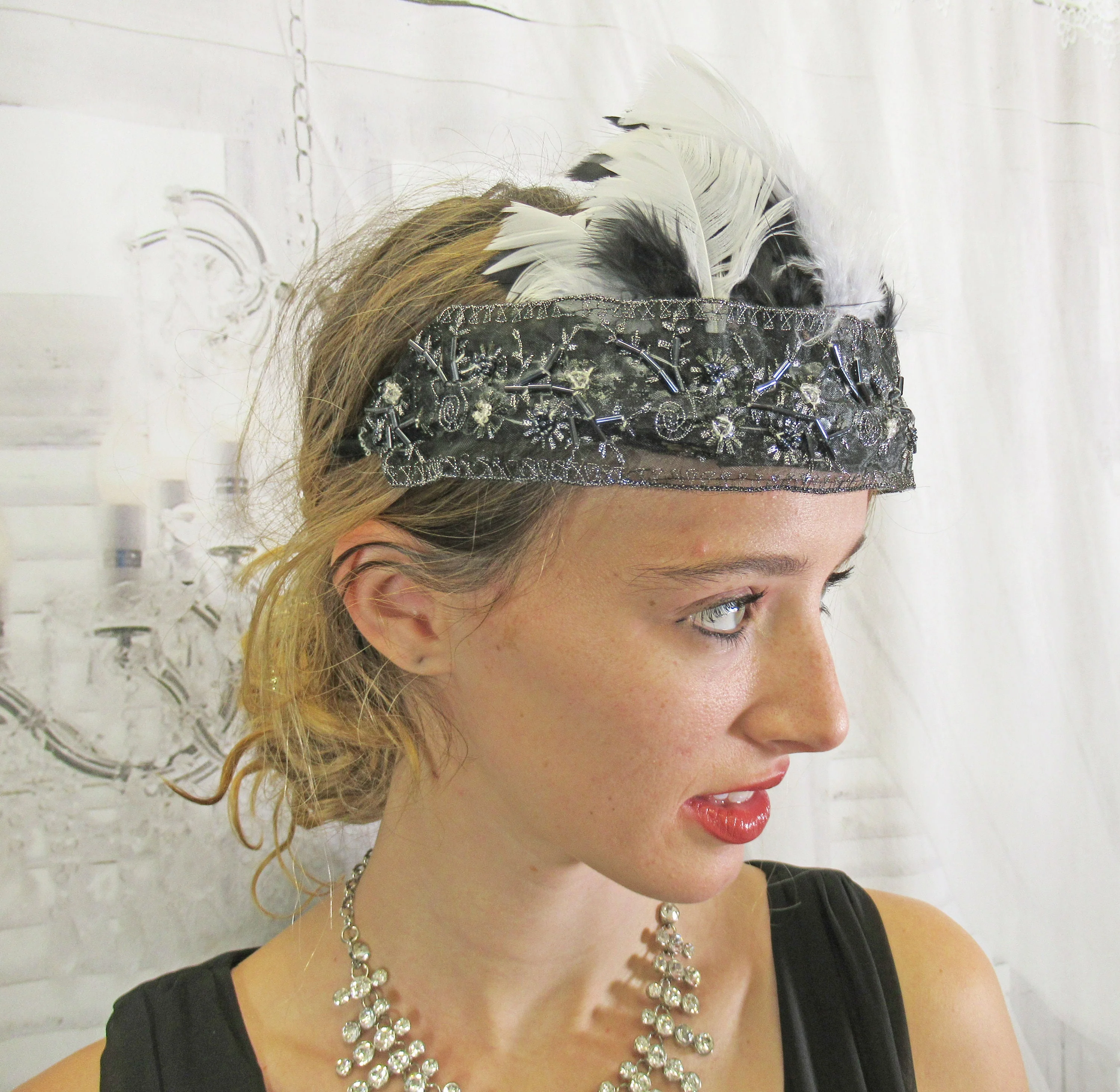 Black and Silver Lace with Beading Deco Inspired Headband 20s Flapper Style Black and White Feathers Easy To Wear As Headband Too - Image 8
