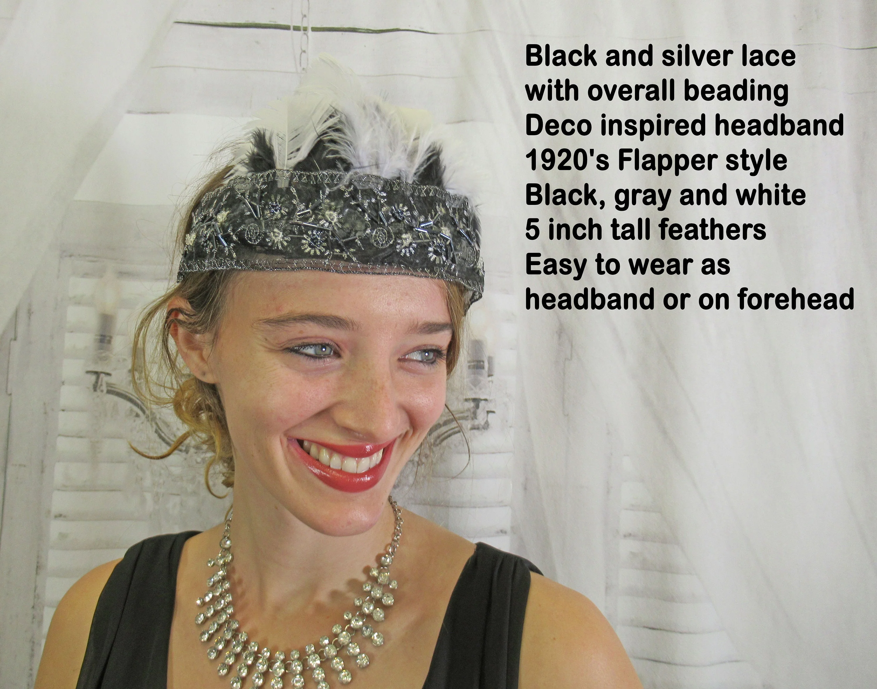 Black and Silver Lace with Beading Deco Inspired Headband 20s Flapper Style Black and White Feathers Easy To Wear As Headband Too - Image 9