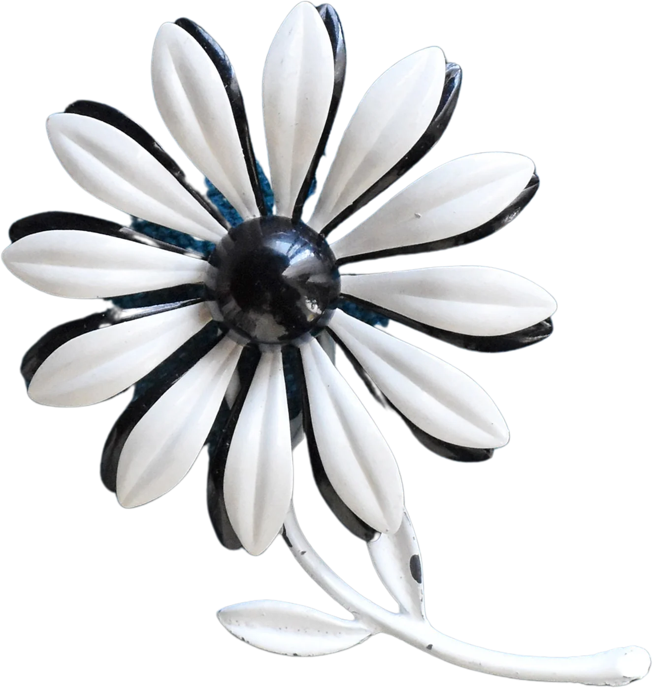 Black and White Flower Power Pin Vintage 60s Enamel Floral Pin, 60s Large Mod Daisy Brooch
