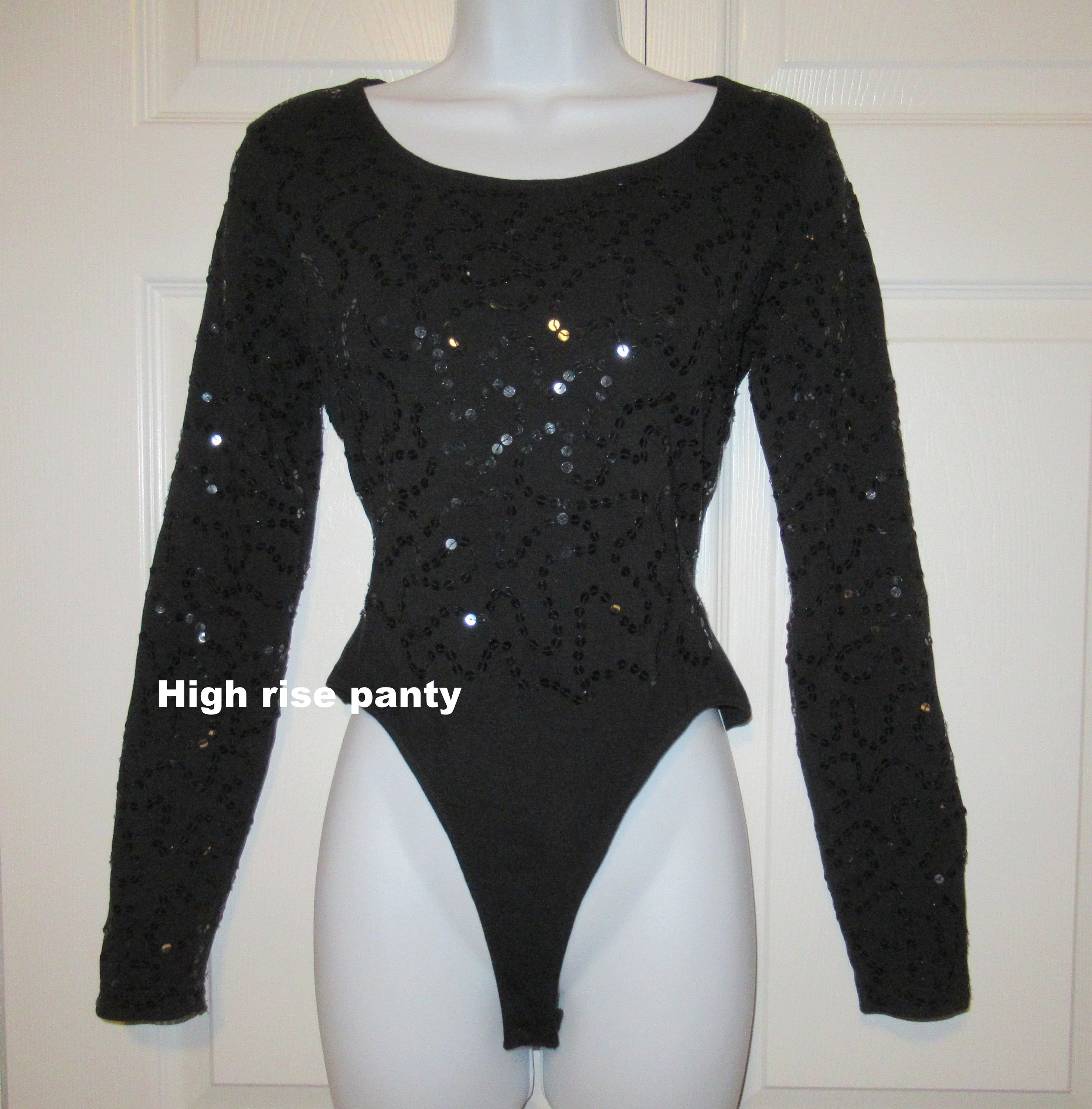 Black Bodysuit Beaded W Sequins Donna Karan New York Dkny Long Sleeve Made In Hong Kong Stretch with Cotton Spandex Mix by Donna Karan - Image 2