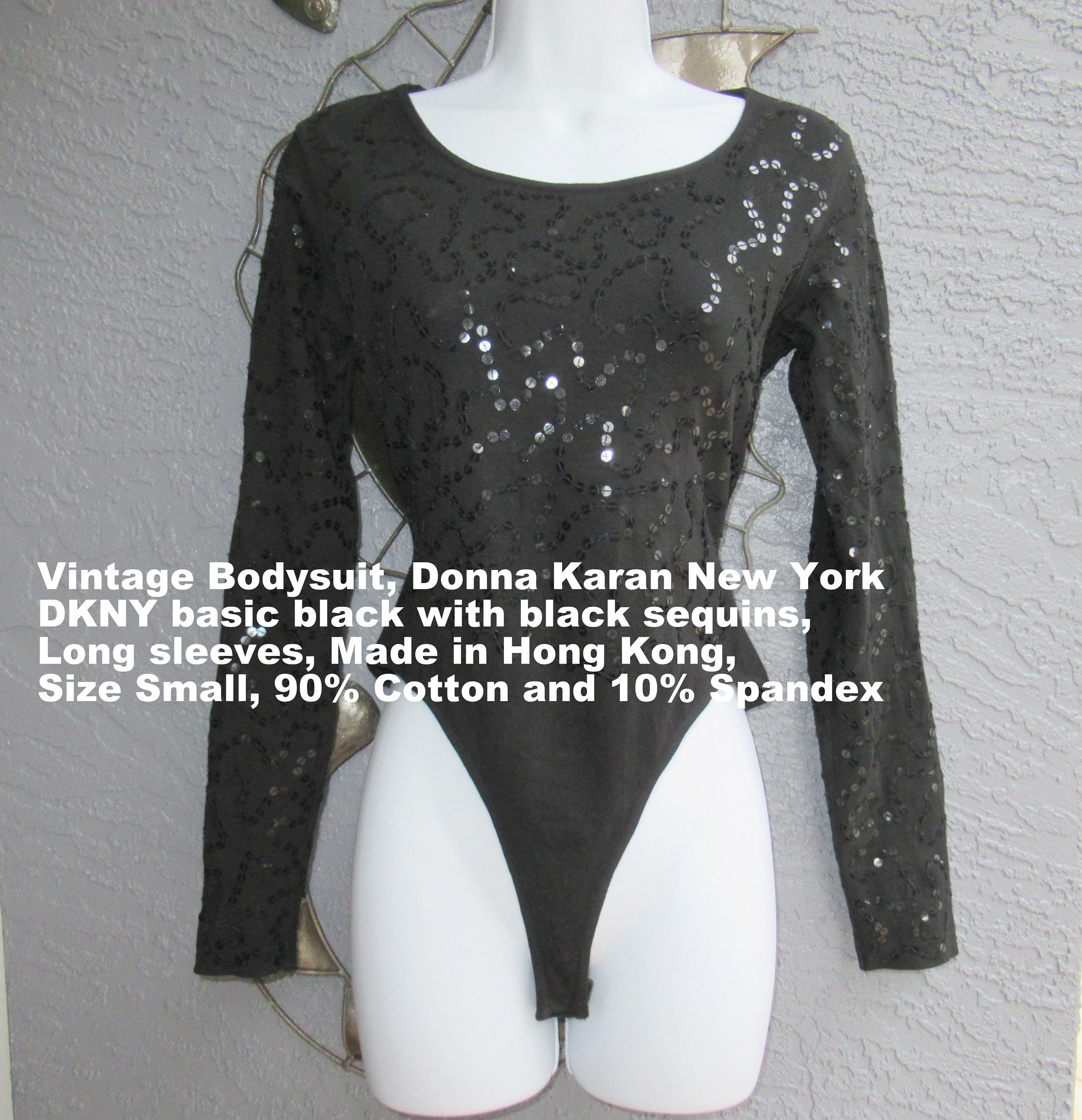 Black Bodysuit Beaded W Sequins Donna Karan New York Dkny Long Sleeve Made In Hong Kong Stretch with Cotton Spandex Mix by Donna Karan - Image 3