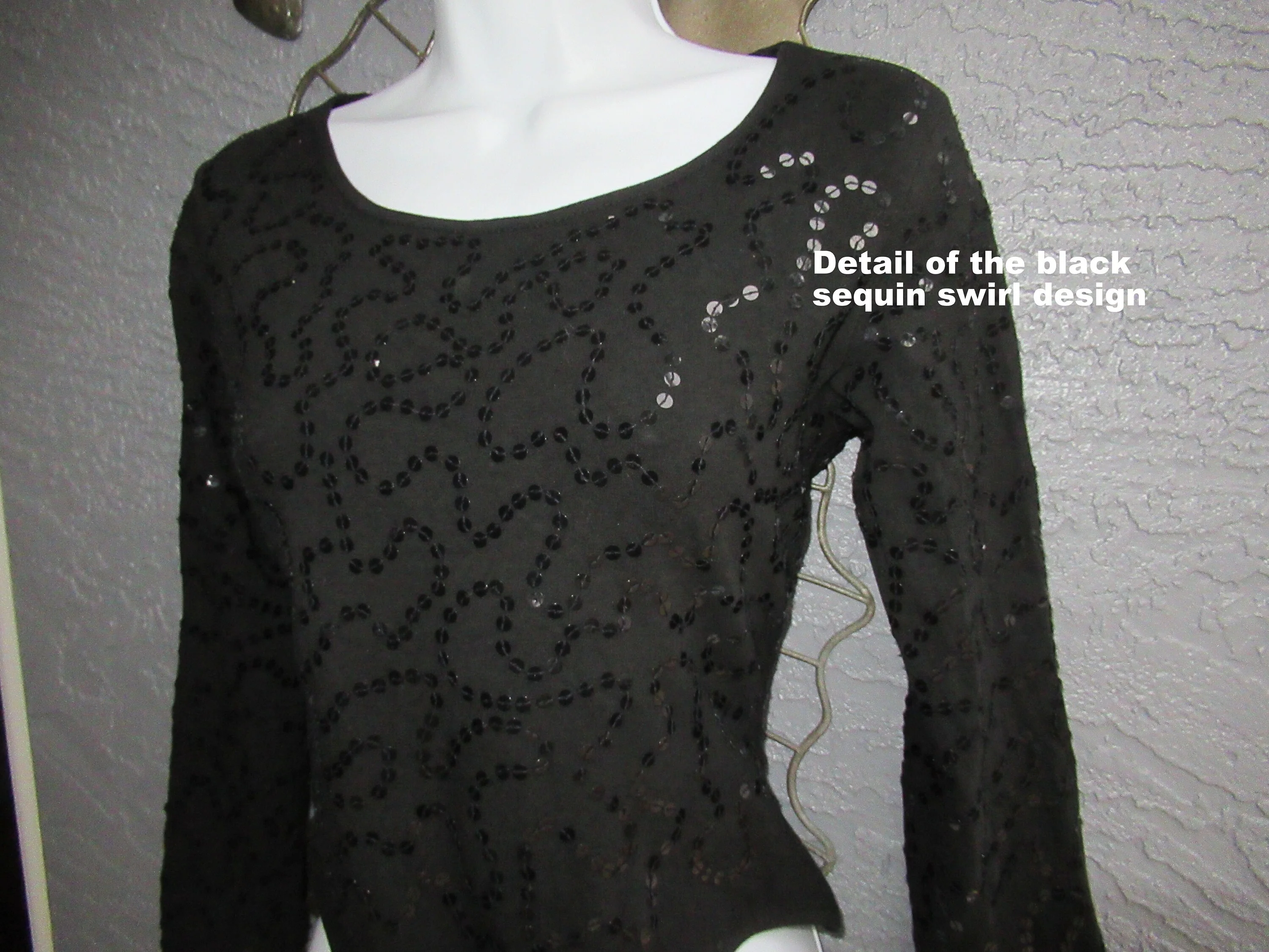 Black Bodysuit Beaded W Sequins Donna Karan New York Dkny Long Sleeve Made In Hong Kong Stretch with Cotton Spandex Mix by Donna Karan - Image 4