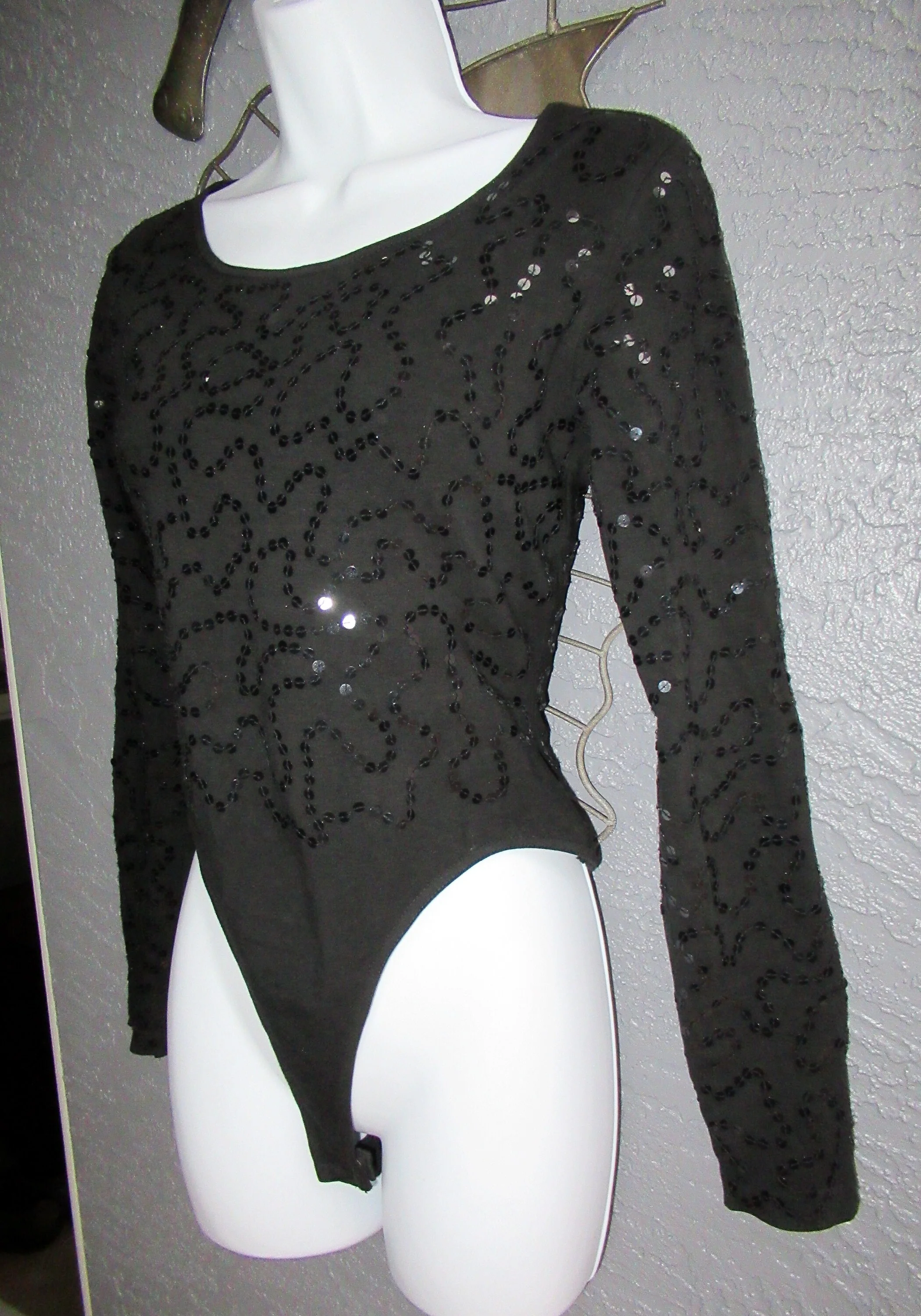 Black Bodysuit Beaded W Sequins Donna Karan New York Dkny Long Sleeve Made In Hong Kong Stretch with Cotton Spandex Mix by Donna Karan - Image 5