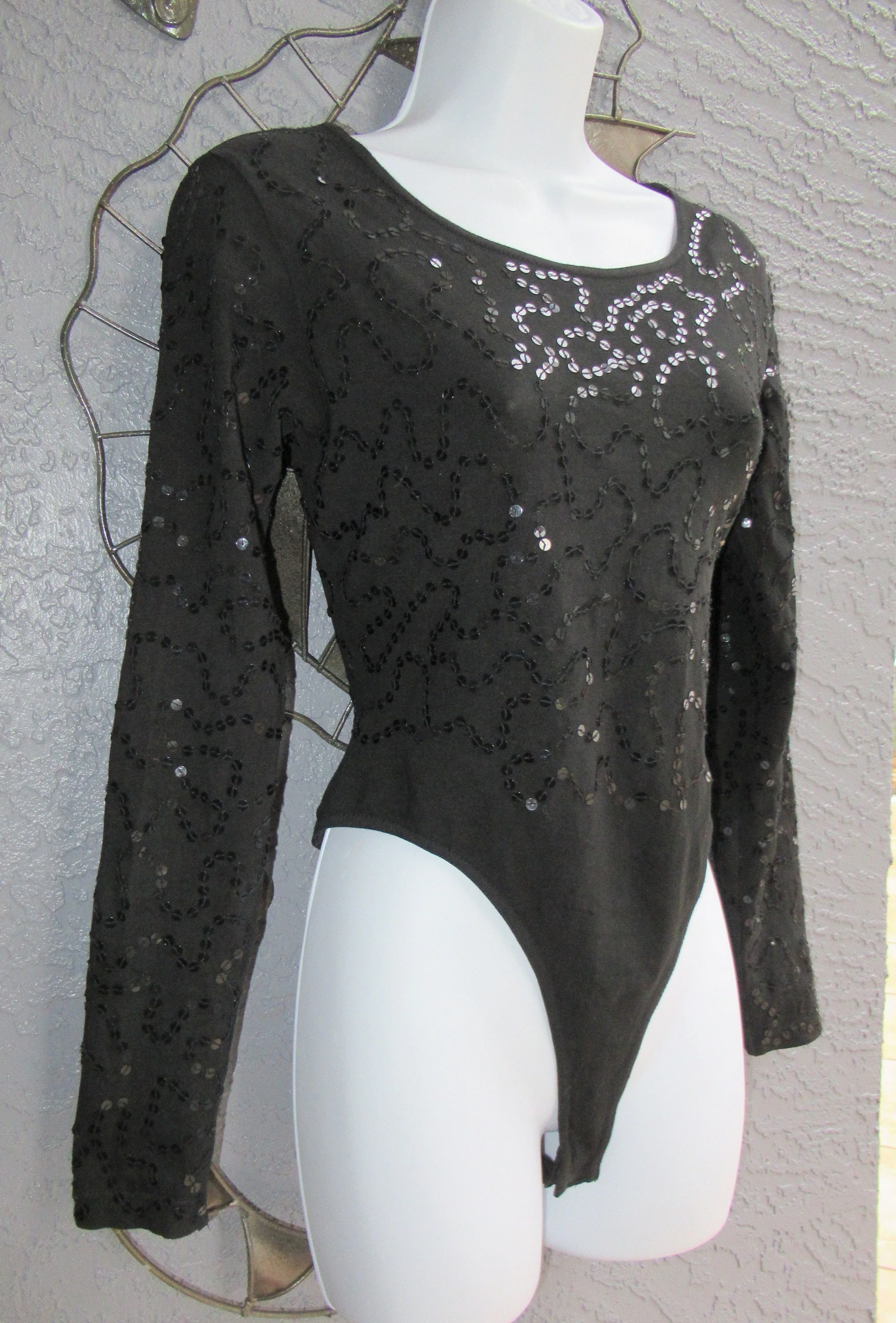 Black Bodysuit Beaded W Sequins Donna Karan New York Dkny Long Sleeve Made In Hong Kong Stretch with Cotton Spandex Mix by Donna Karan - Image 6