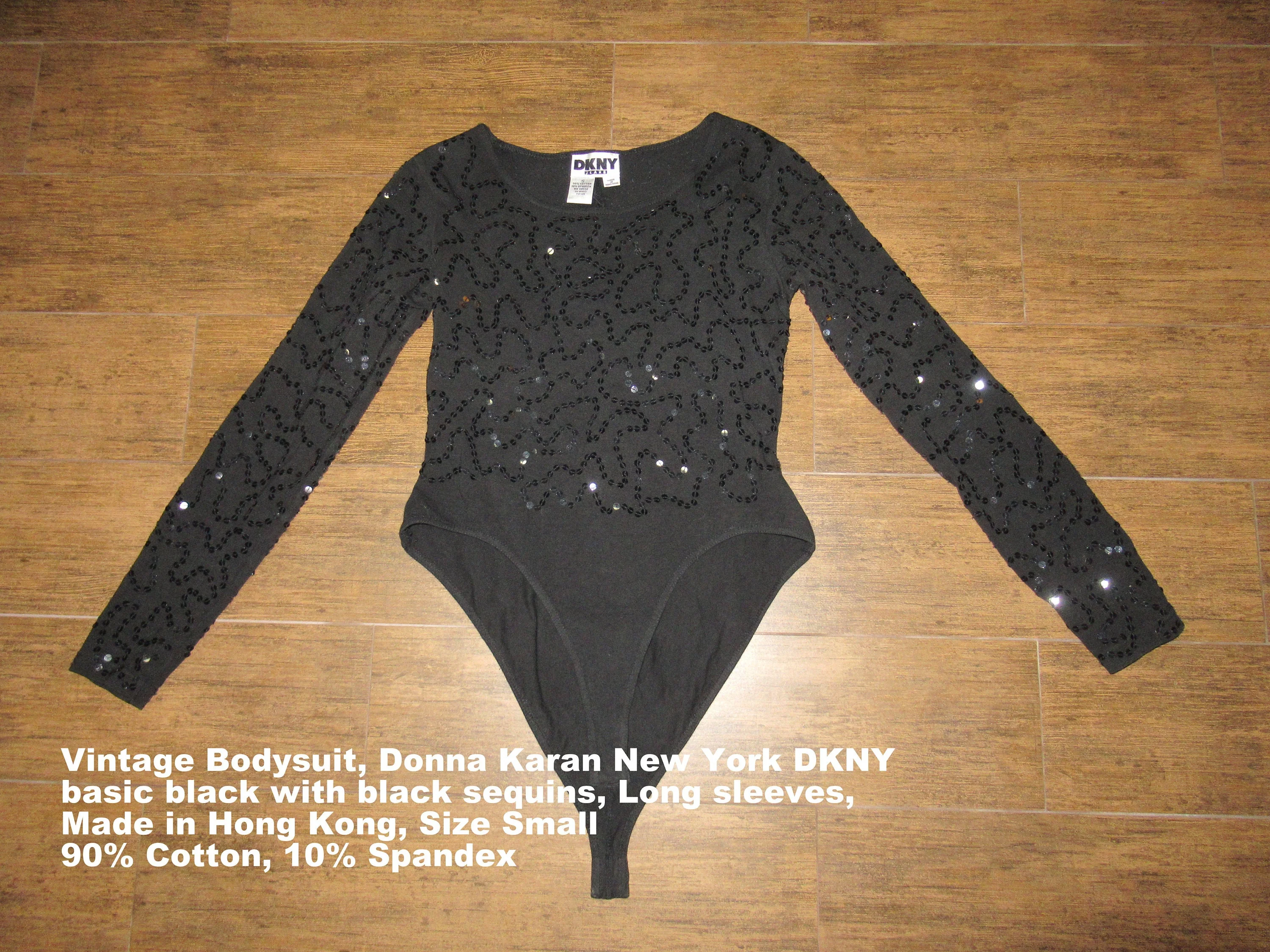 Black Bodysuit Beaded W Sequins Donna Karan New York Dkny Long Sleeve Made In Hong Kong Stretch with Cotton Spandex Mix by Donna Karan - Image 7